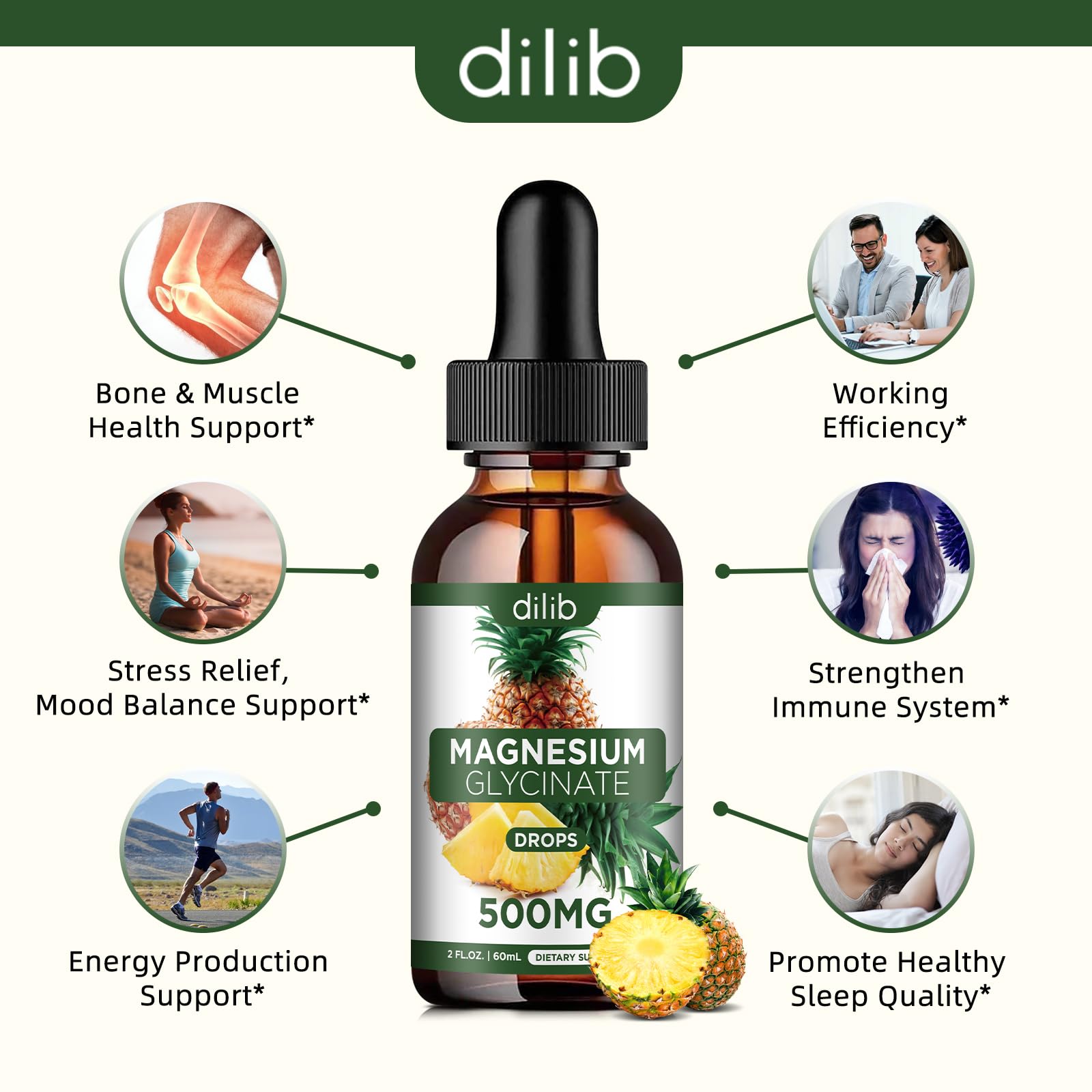 Magnesium Glycinate Supplement, Liquid Magnesium Glycinate Liquid Drops 500mg-Support Stress Relief, Relaxation, Mood, Sleep, Bone & Muscle-2 Fl Oz, Vegan, Pineapple Flavor dilib buy supplements canada
