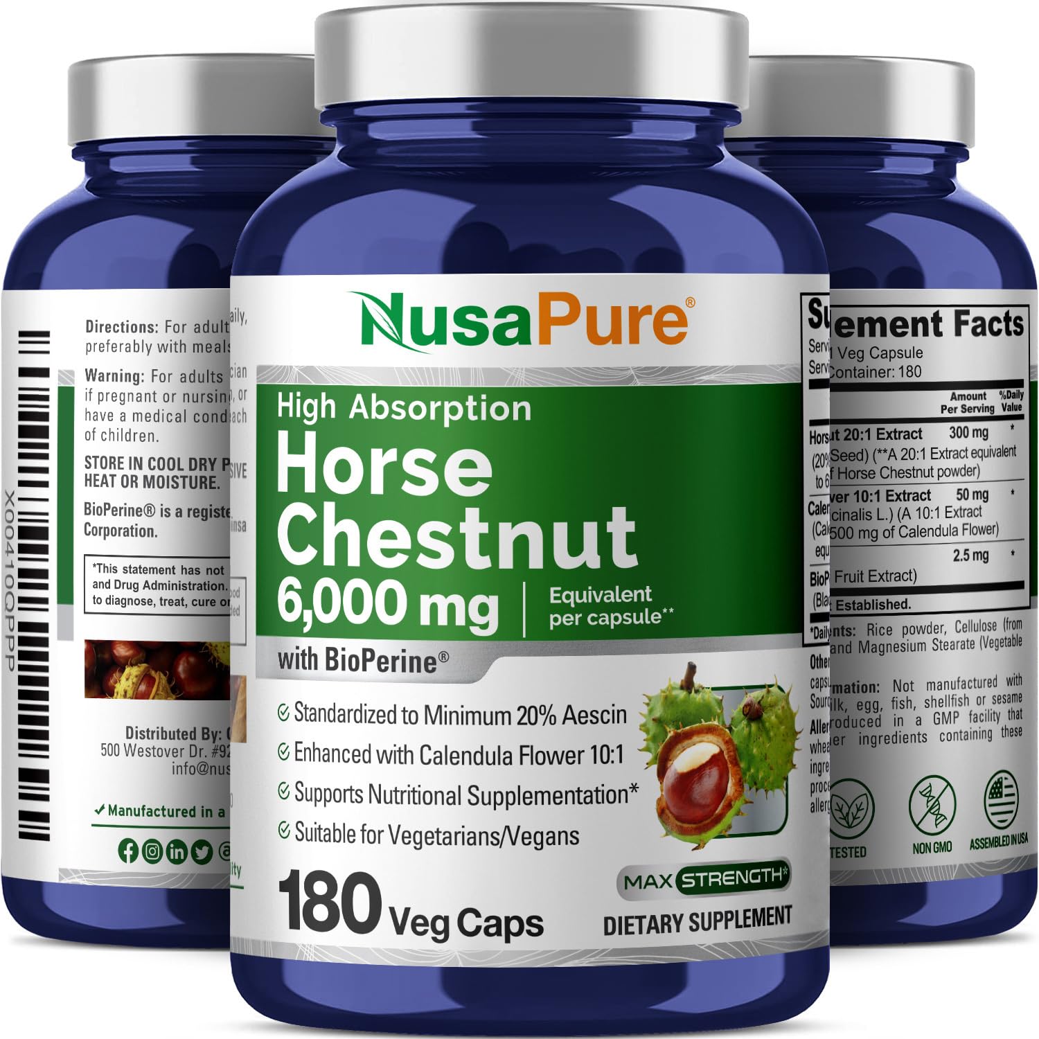 NusaPure Horse Chestnut 20:1 Extract, 300 mg Equivalent to 6,000mg 180 Veggie Caps Non-GMO, Vegan, BioPerine, Calendula Flower NusaPure buy supplements canada