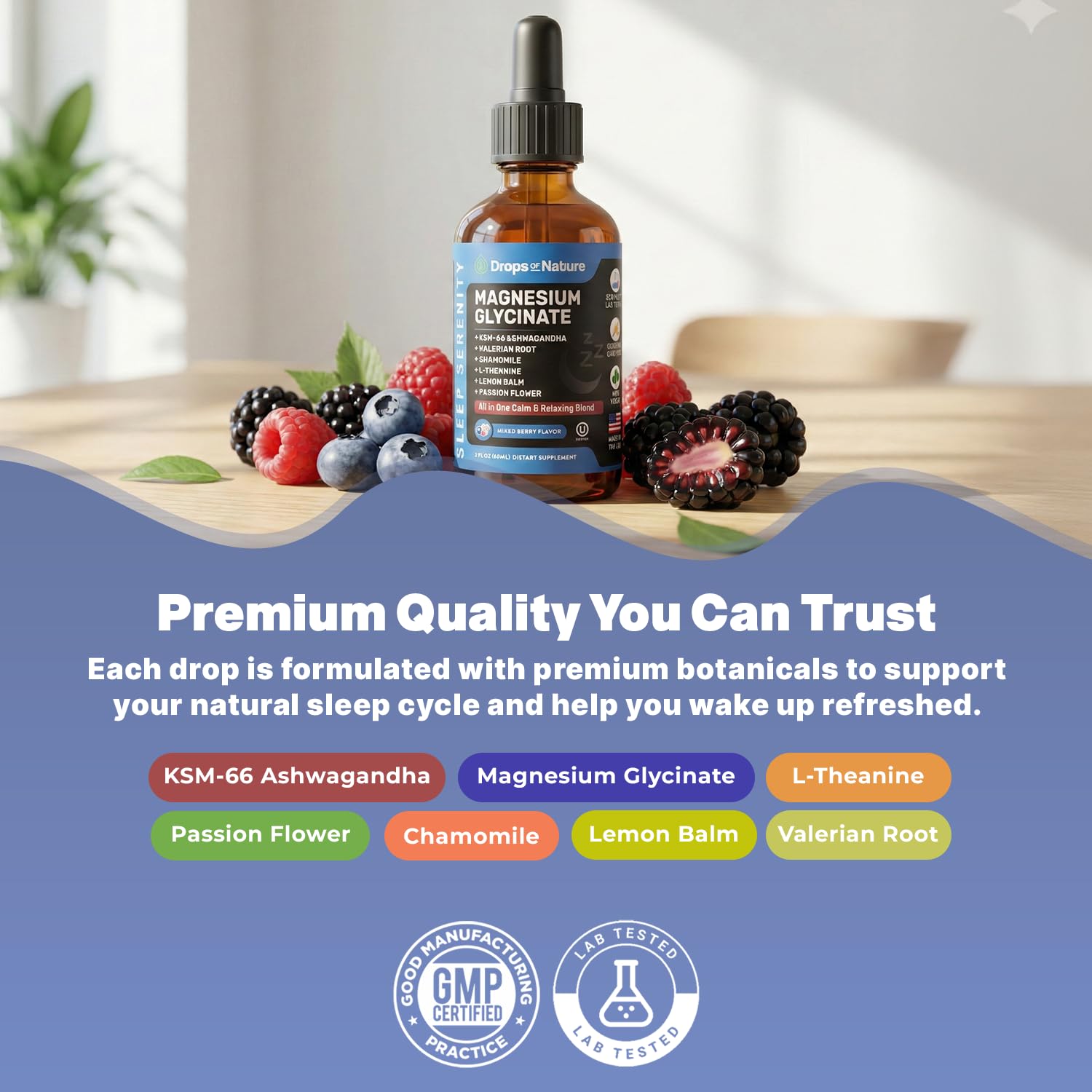 Magnesium Glycinate & Ashwagandha Liquid Drops with Valerian Root, Chamomile, Passion Flower, Lemon Balm & L-Theanine - Vegan Fast Absorption - Supplement for Wellness & Relaxation (Mixed Berry, 60mL) Drops Of Nature buy supplements canada