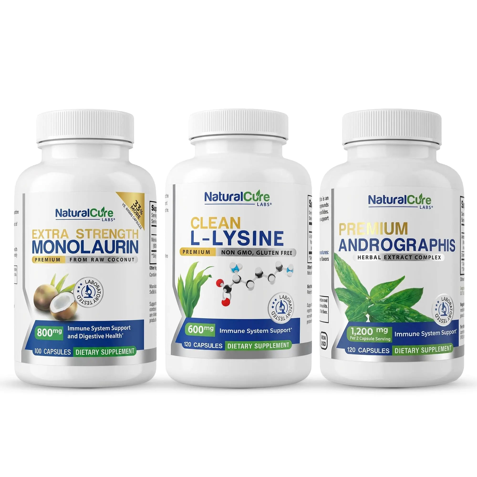 Extra Strength Stack: Monolaurin 800mg + Clean L-Lysine 600mg + Andrographis, Advanced Immune Support Routine Bundle Natural Cure Labs buy supplements canada