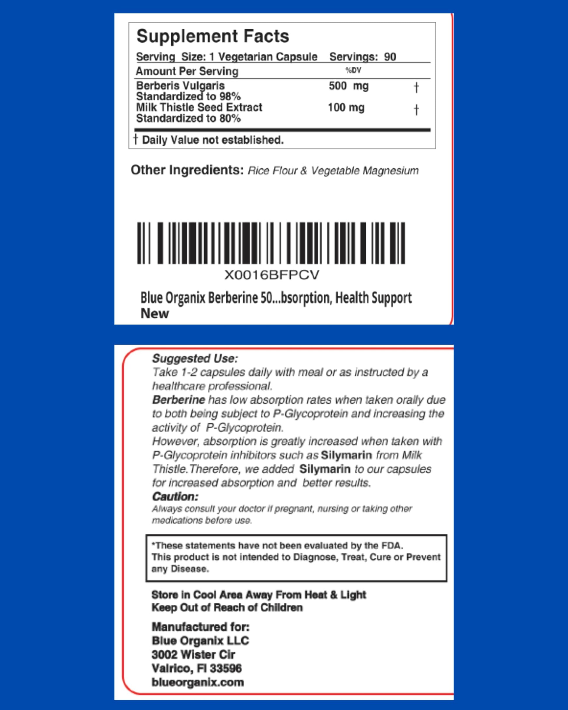 Blue Organix Berberine 500mg Formula HCL Complex Supplement with Silymarin Blue Organix buy supplements canada