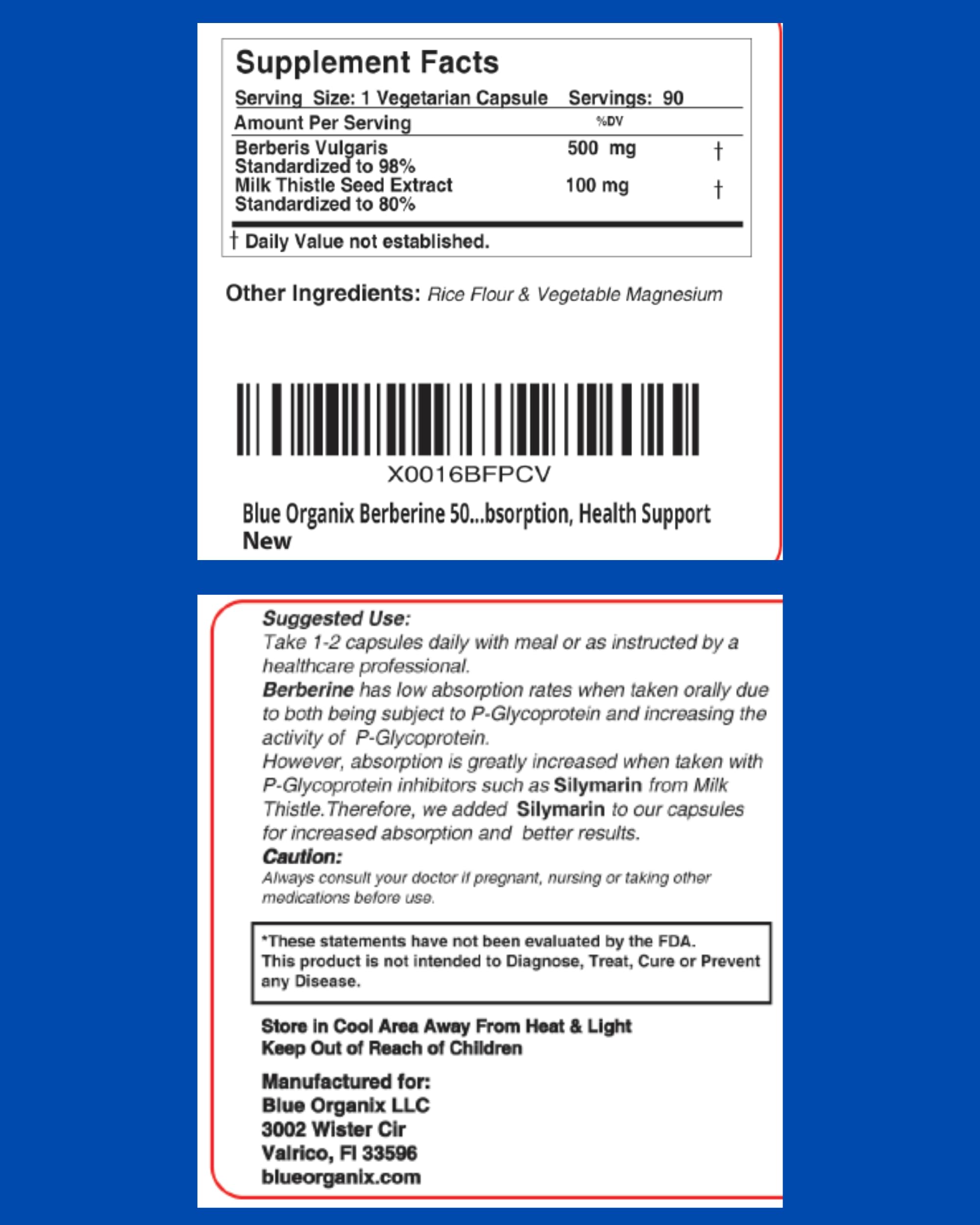 Blue Organix Berberine 500mg Formula HCL Complex Supplement with Silymarin Blue Organix buy supplements canada