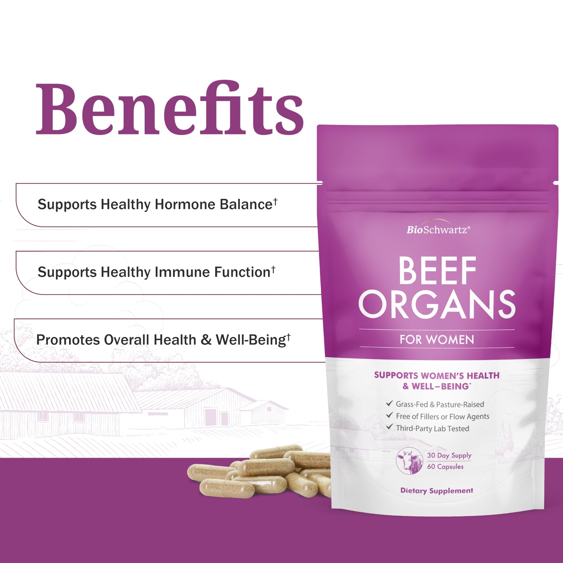 BioSchwartz Primal Beef Organ Supplement for Women - 60 Capsules - Grass-Fed & Pasture-Raised - Supports Healthy Hair Skin and Nails, Hormone Balance - with Bovine Liver, Kidney, Heart, Uterus Powder BioSchwartz buy supplements canada
