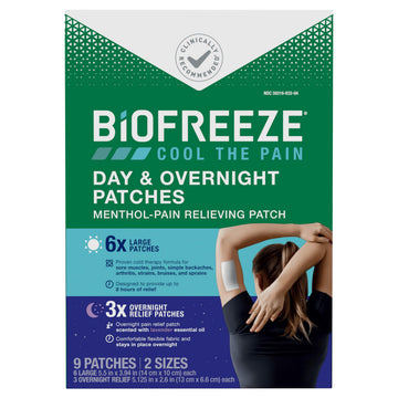 Biofreeze Day & Overnight Pain Relief Patches, Menthol Pain Patches for Arthritis & Muscle Pain Relief, Comfortable & Flexible Fabric Stays in Place, 9 Patches (6 Day, 3 Night) Biofreeze buy supplements canada