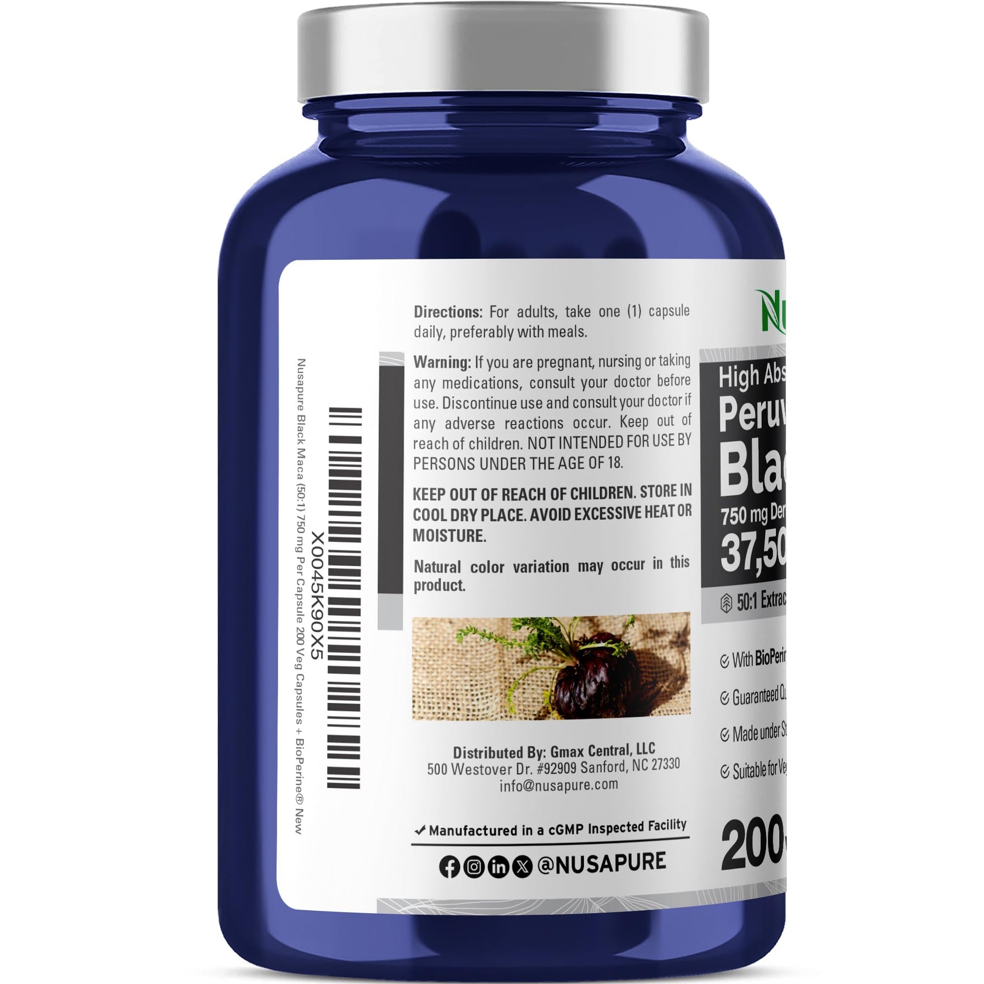 NusaPure Peruvian Black Maca Root Extract 50:1 - Suitable for Vegetarian/Vegan, Non - GMO - 37500 mg - 200 Capsules NusaPure buy supplements canada
