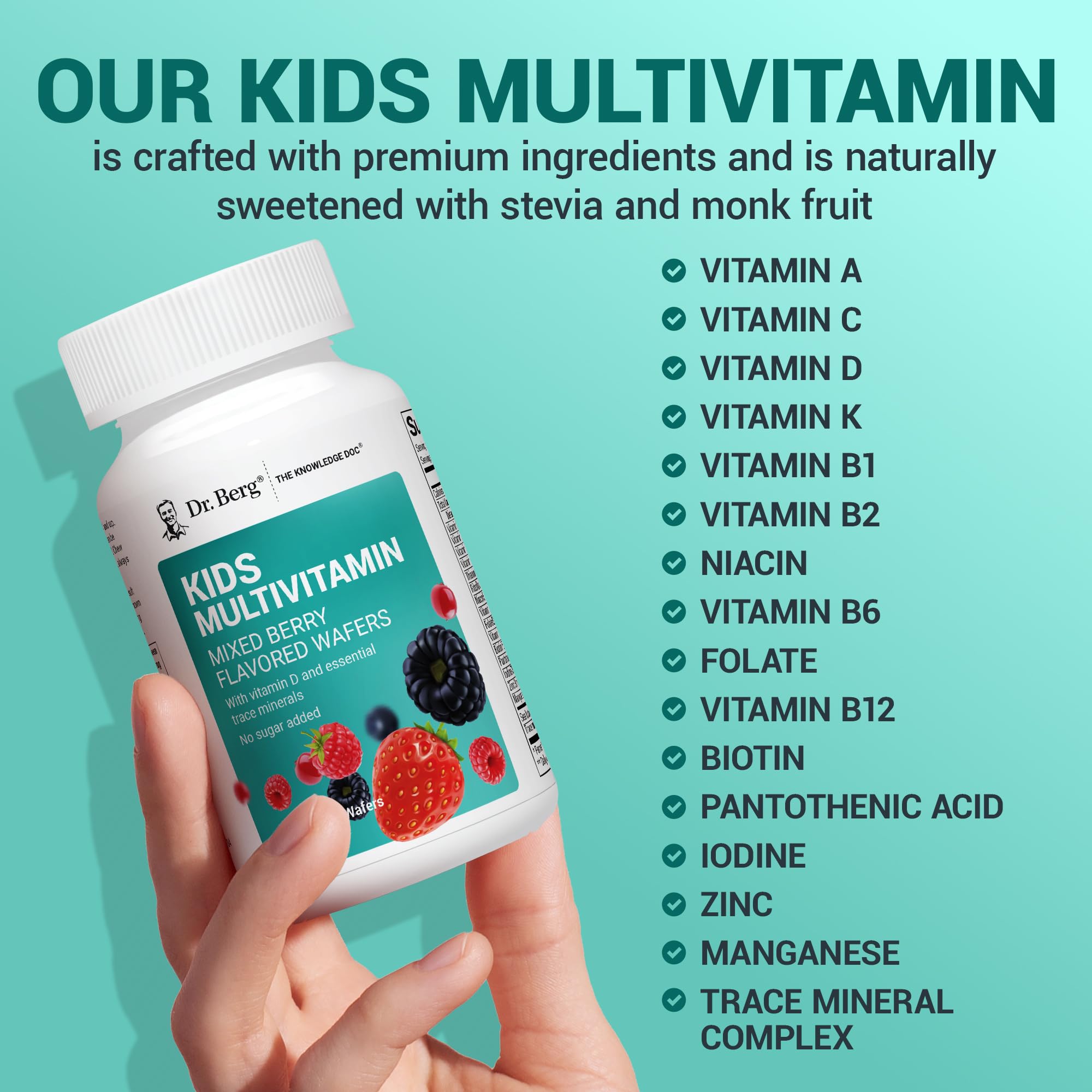 Dr. Berg Kids Chewable Multivitamins (NOT Sweetened w/Sugar) - Daily Multivitamin for Kids that Includes 20 Nutrients & Trace Mineral Complex - Mixed Berry Chewable Vitamins for Kid - Red Wafers Dr. Berg Nutritionals buy supplements canada