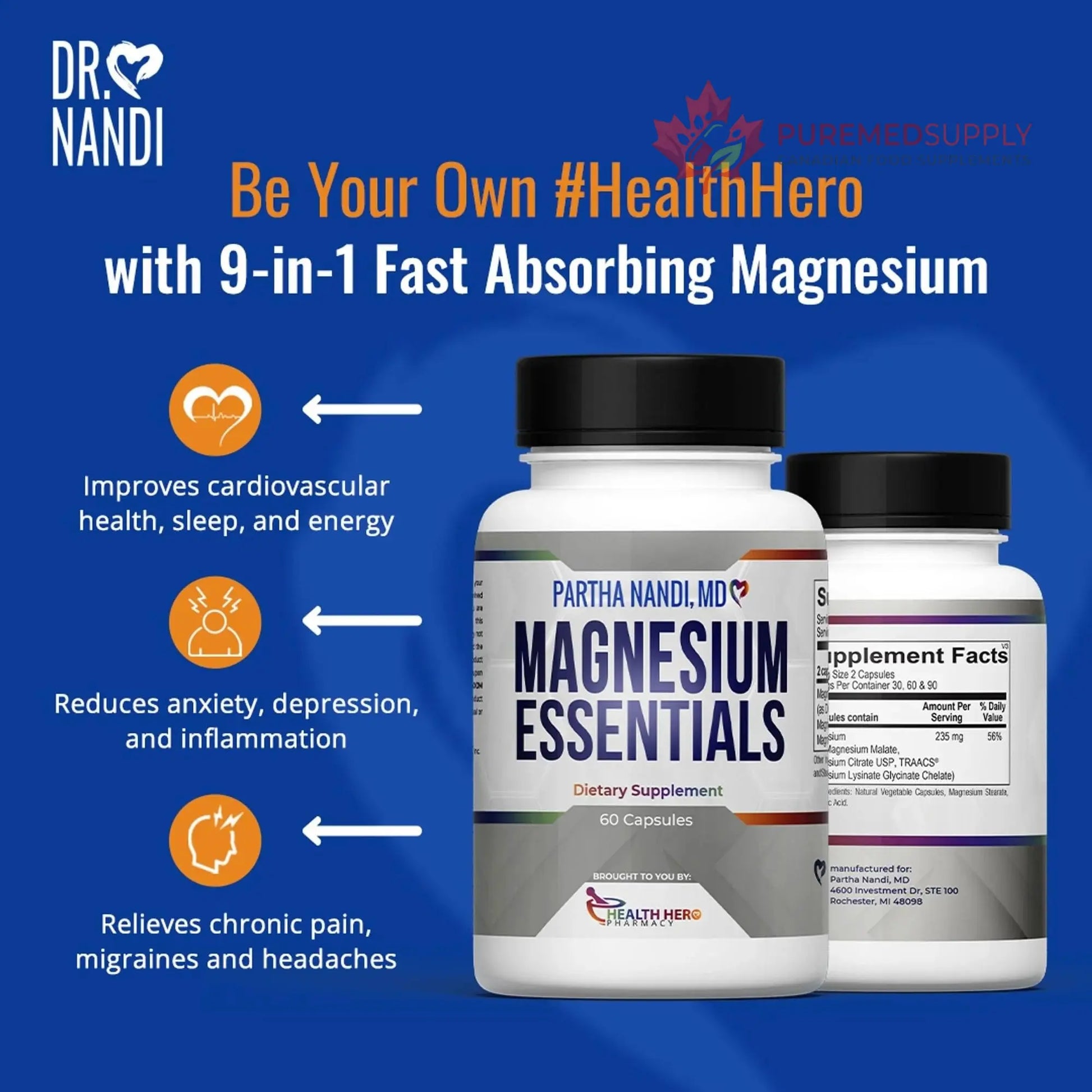 Triple Magnesium Citrate, Malate & Glycinate Complex Supplement – Supports Sleep, Stress, Muscle, Nerve & Heart Health – Advanced High-Absorption Formula – 235mg – 60 Capsules Partha Nandi, MD buy supplements canada