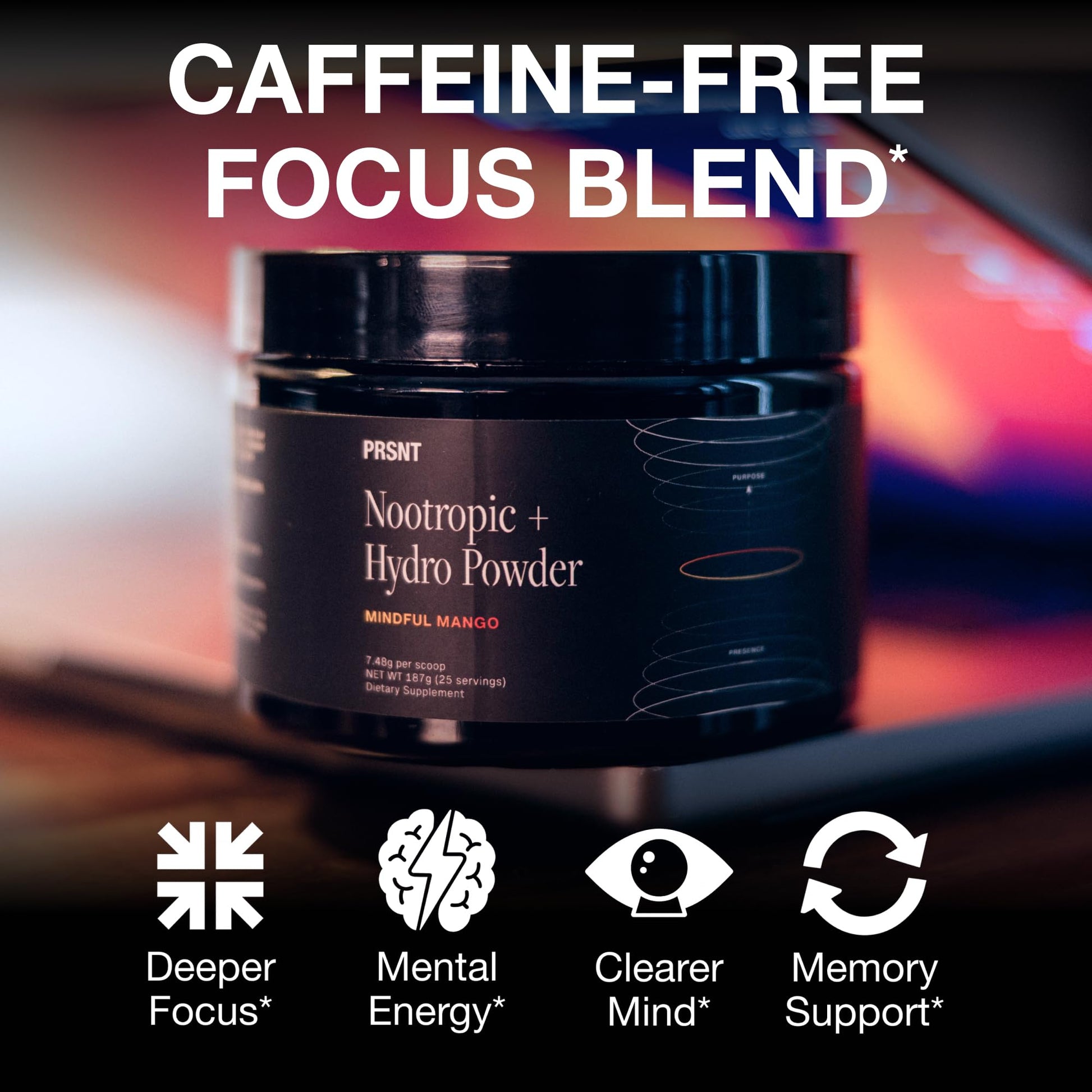 PRSNT Nootropic Focus Powder | Mango 25 Servings | Caffeine-Free, Sugar-Free | Supports Focus, Energy, Mental Clarity | Nootropic + Electrolytes Hydration Focus Drink Mix PRSNT buy supplements canada