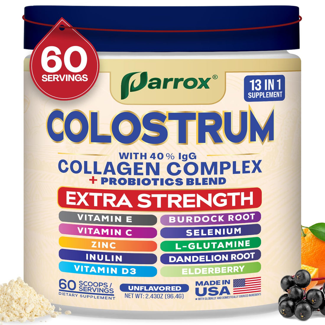 Parrox Colostrum Powder with 40% IgG, Collagen, Probiotics, Burdock Root, L-Glutamine, Elderberry, Vitamin C, Vitamin E, Vitamin D3, Inulin, Selenium, Dandelion Root, Zinc, 60 Servings (Unflavored) Parrox buy supplements canada