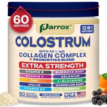 Parrox Colostrum Powder with 40% IgG, Collagen, Probiotics, Burdock Root, L-Glutamine, Elderberry, Vitamin C, Vitamin E, Vitamin D3, Inulin, Selenium, Dandelion Root, Zinc, 60 Servings (Unflavored) Parrox buy supplements canada