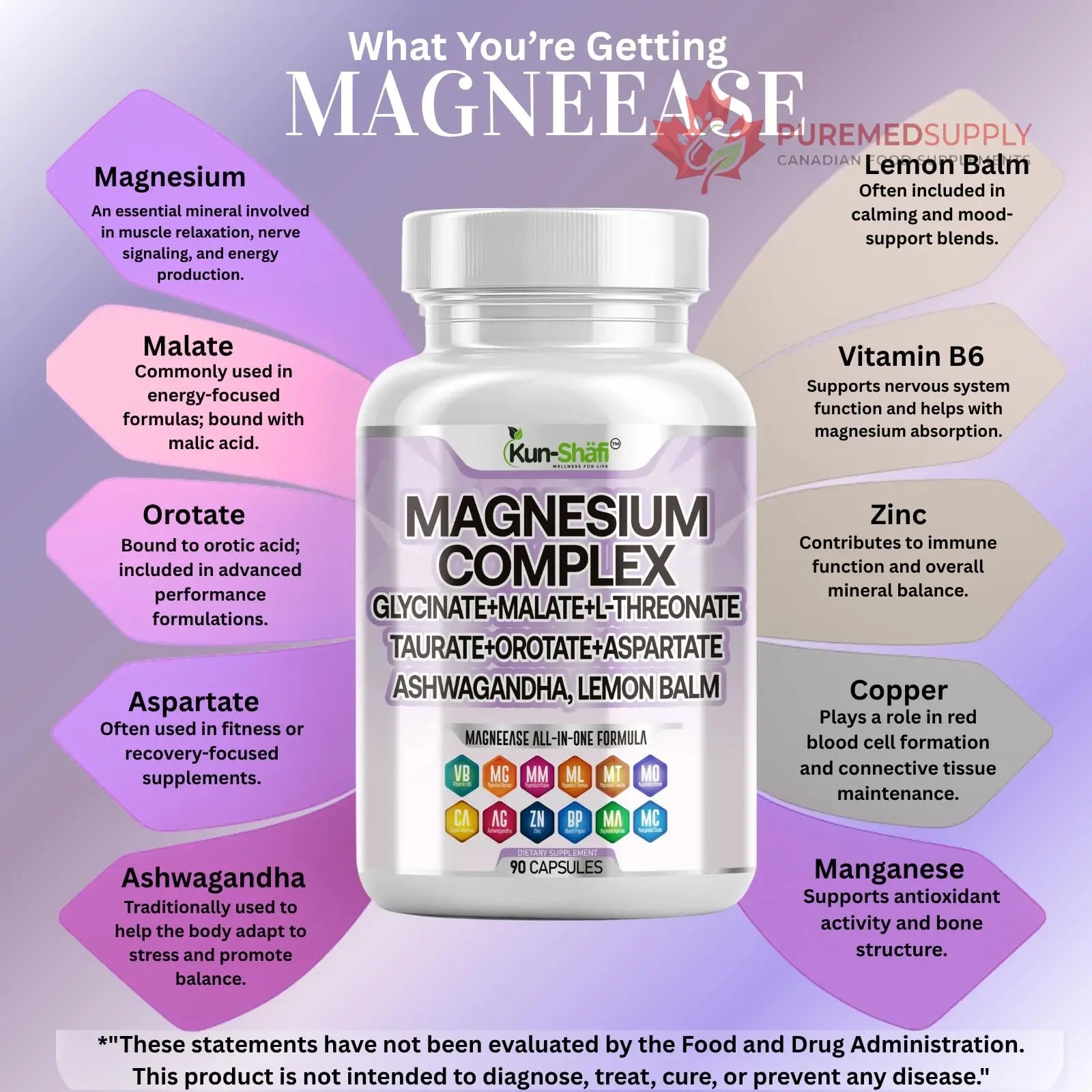 Kun Shafi Magnesium Complex with Magnesium Glycinate Malate, L-Threonate, Taurate, Orotate, Zinc,Aspartate, Copper Manganese & Vitamin D3 B6 Complex - 1Pack Kun Shafi buy supplements canada