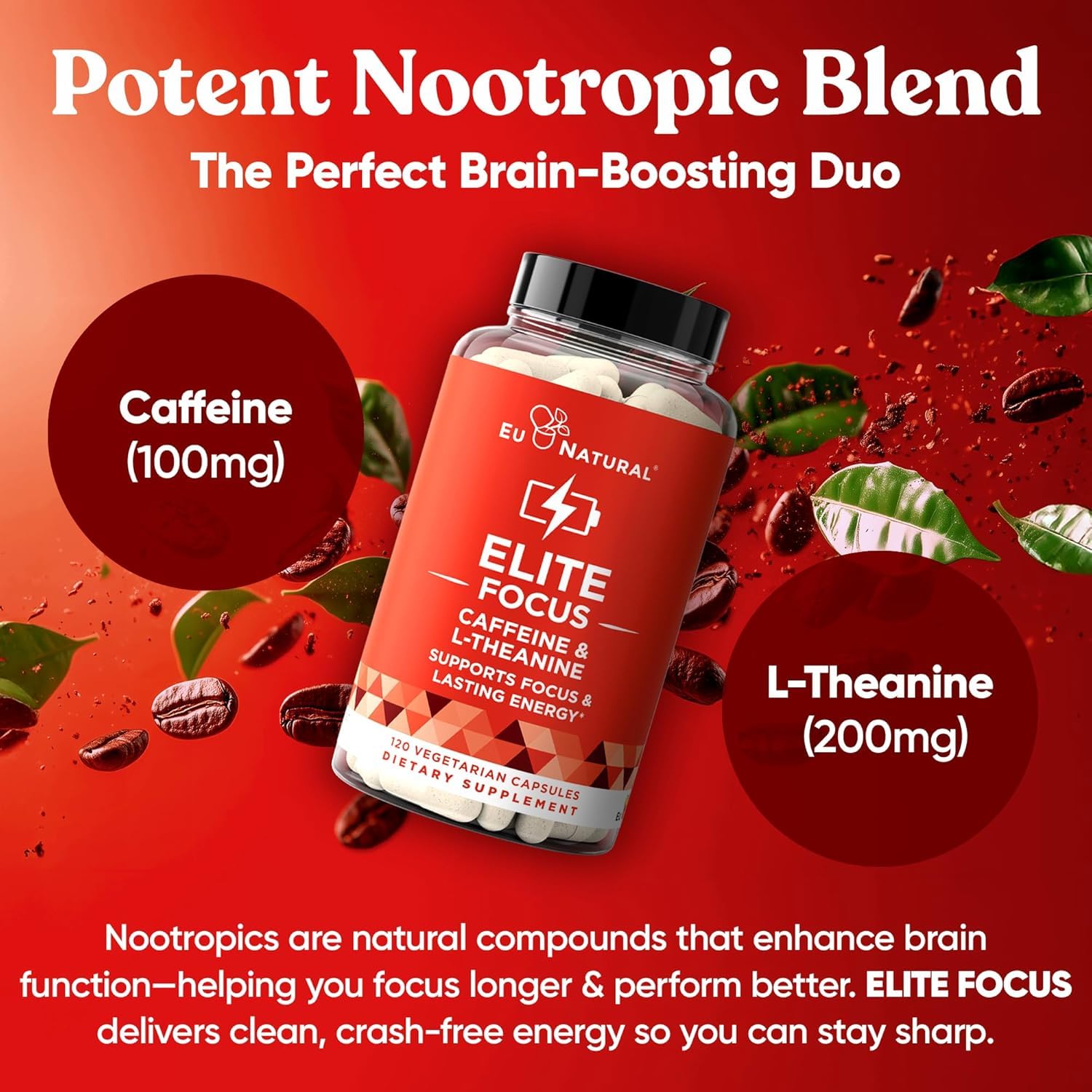 Eu Natural Elite Caffeine Pills with L-Theanine - 100mg Caffeine + 200mg L-Theanine - Jitter-Free Focused Energy & Clean Nootropic Stack - 240 Soft Capsules Eu Natural buy supplements canada
