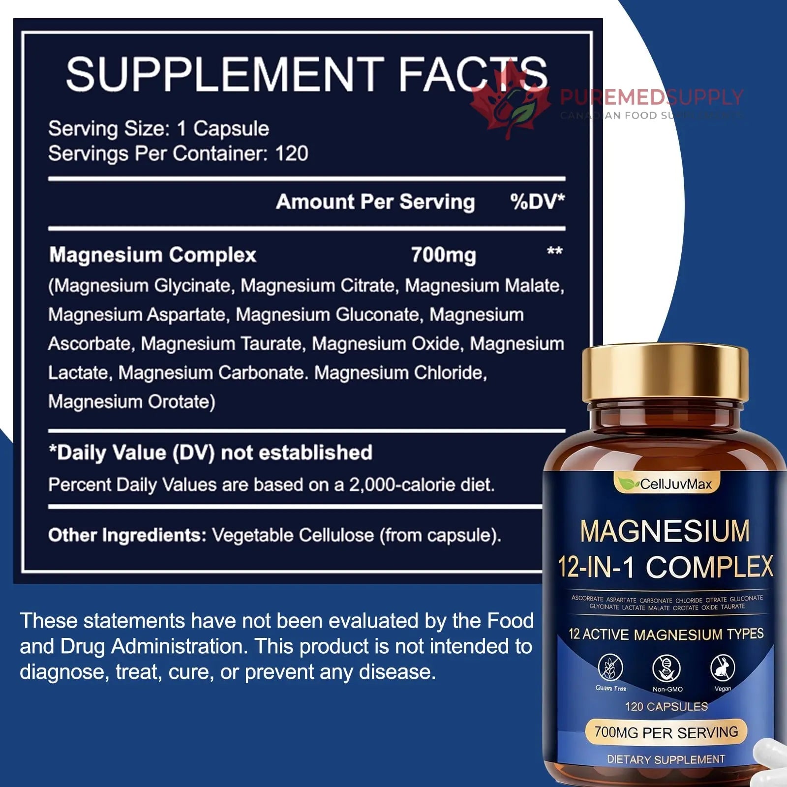 Magnesium 12-in-1 Complex 700mg, with Glycinate & Citrate, Vegan Supplement for Daily Wellness, 120 Capsules (1) WOJJ buy supplements canada