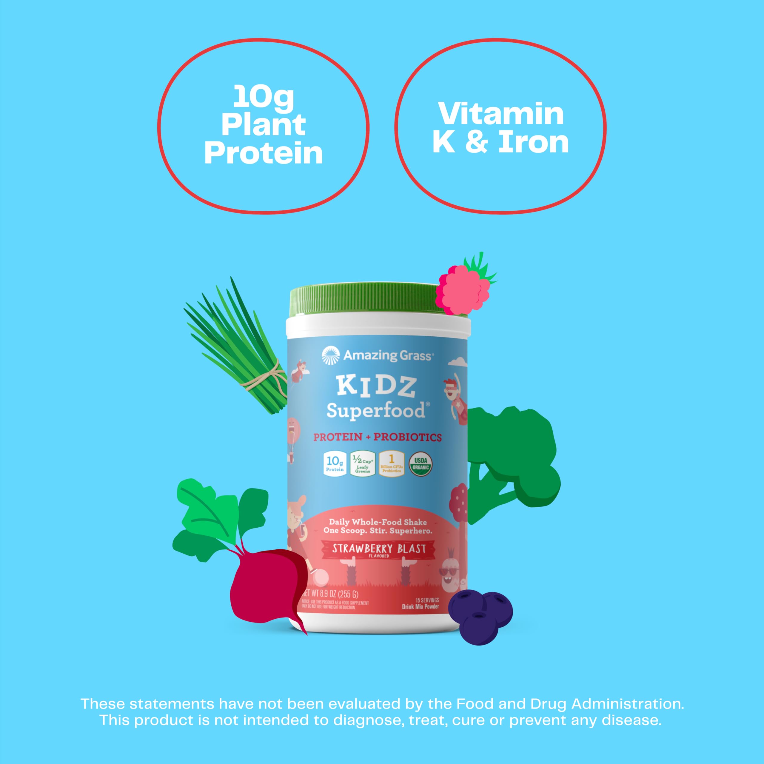 Amazing Grass Kidz Superfood: Vegan Protein & Probiotics for Kids with Beet Root Powder & 1/2 Cup of Leafy Greens, Strawberry Blast, 15 Servings Amazing Grass buy supplements canada