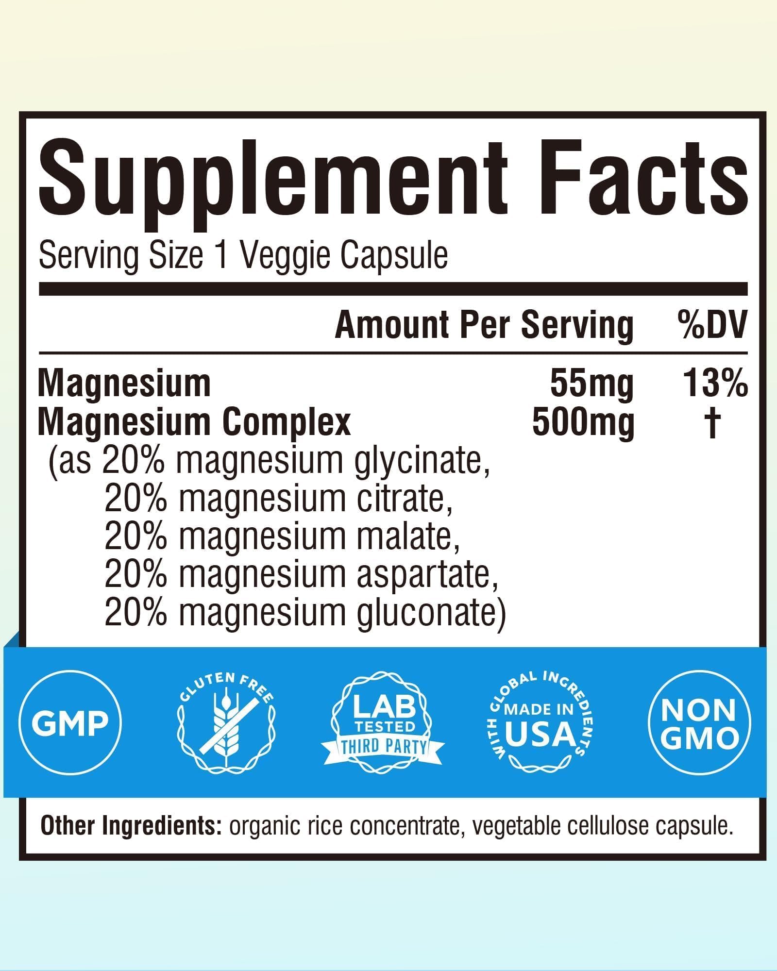 Terranics 5-in-1 Magnesium Complex Supplement 500mg - 5 Forms High Absorption Magnesium Glycinate Citrate Malate Aspartate Gluconate for Sleep Heart Health - Non-GMO 120 Vegan Capsules Terranics buy supplements canada