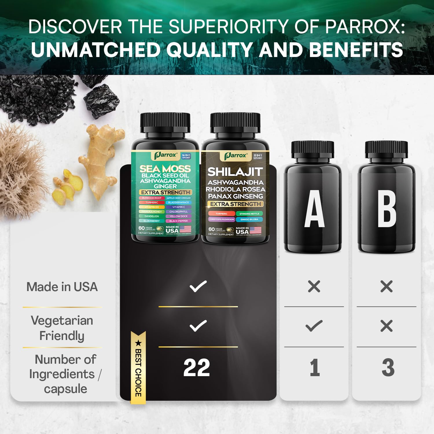 Parrox Shilajit and Sea Moss Bundle, Sea Moss 350mg, Black Seed Oil 200mg, Ashwagandha 100mg, Turmeric, Shilajit 300mg, Rhodiola Rosea 100mg, Panax Ginseng 50mg, Dynamic Vitality Bundle (2 Pack) Parrox buy supplements canada