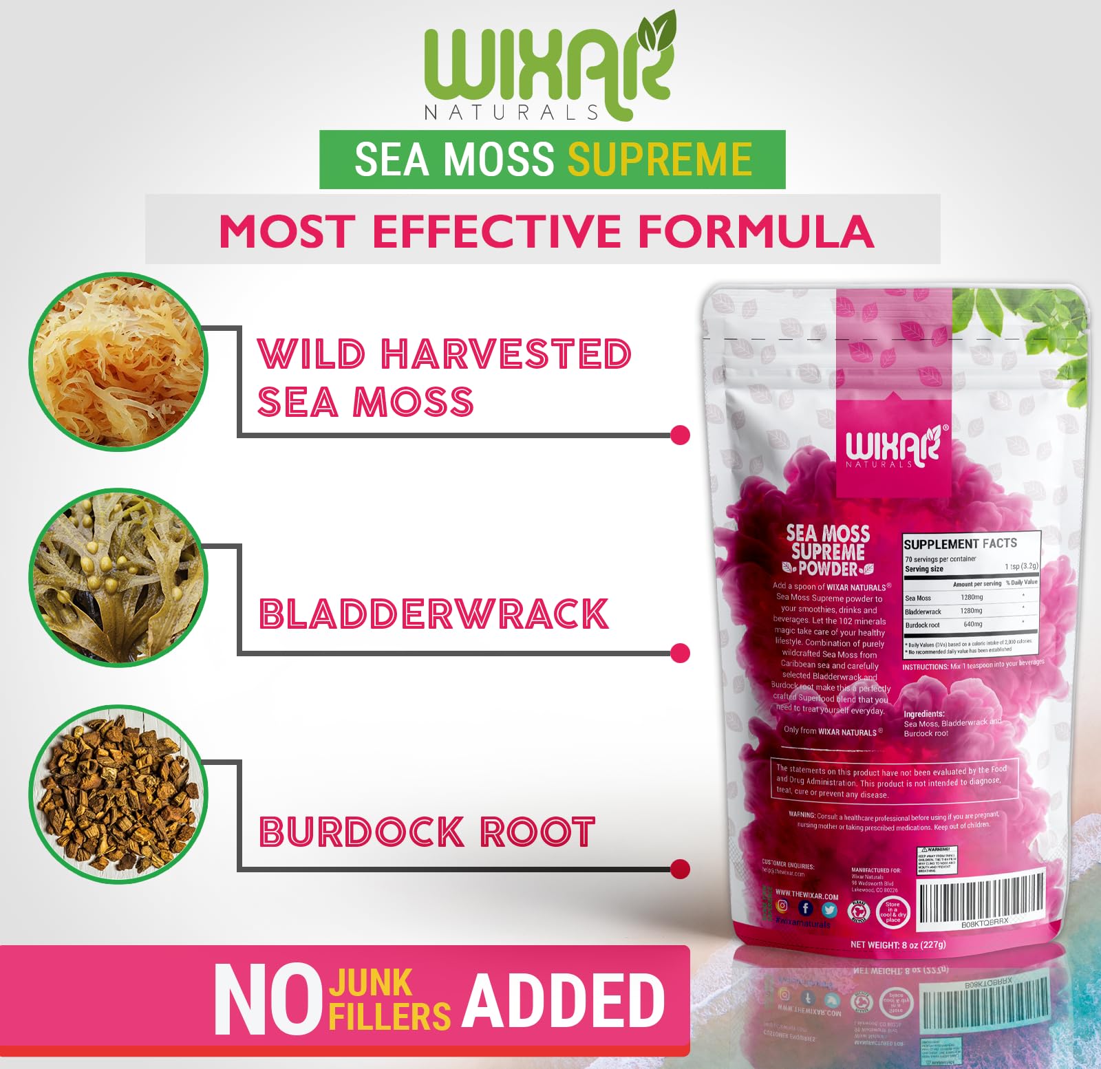 Wixar Wildcrafted Sea Moss Powder – (8 Ounces) – Natural Irish Sea Moss and Bladderwrack with Burdock Powder - Thyroid Support, Healthy Skin, Keto Detox, Joint Support Alkaline Supplements WIXAR NATURALS buy supplements canada