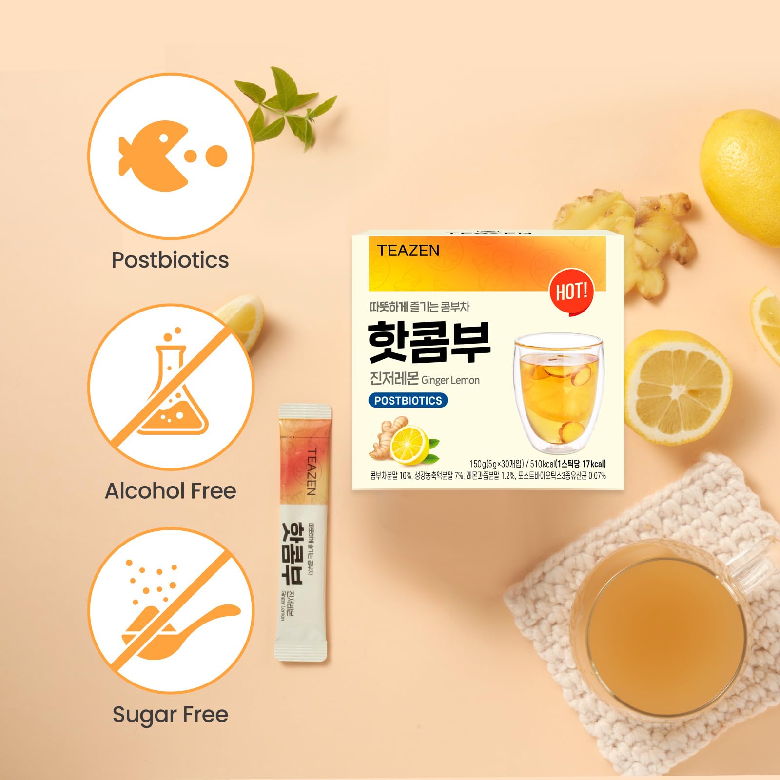 TEAZEN Lemon Ginger Hot Kombucha Tea, Live Probiotics & Postbiotics, Relaxation and Warmth for Colds and Sore Throat, Hydration Drink Mix, Sugar Free, 30 Sticks, 5.29oz TEAZEN buy supplements canada