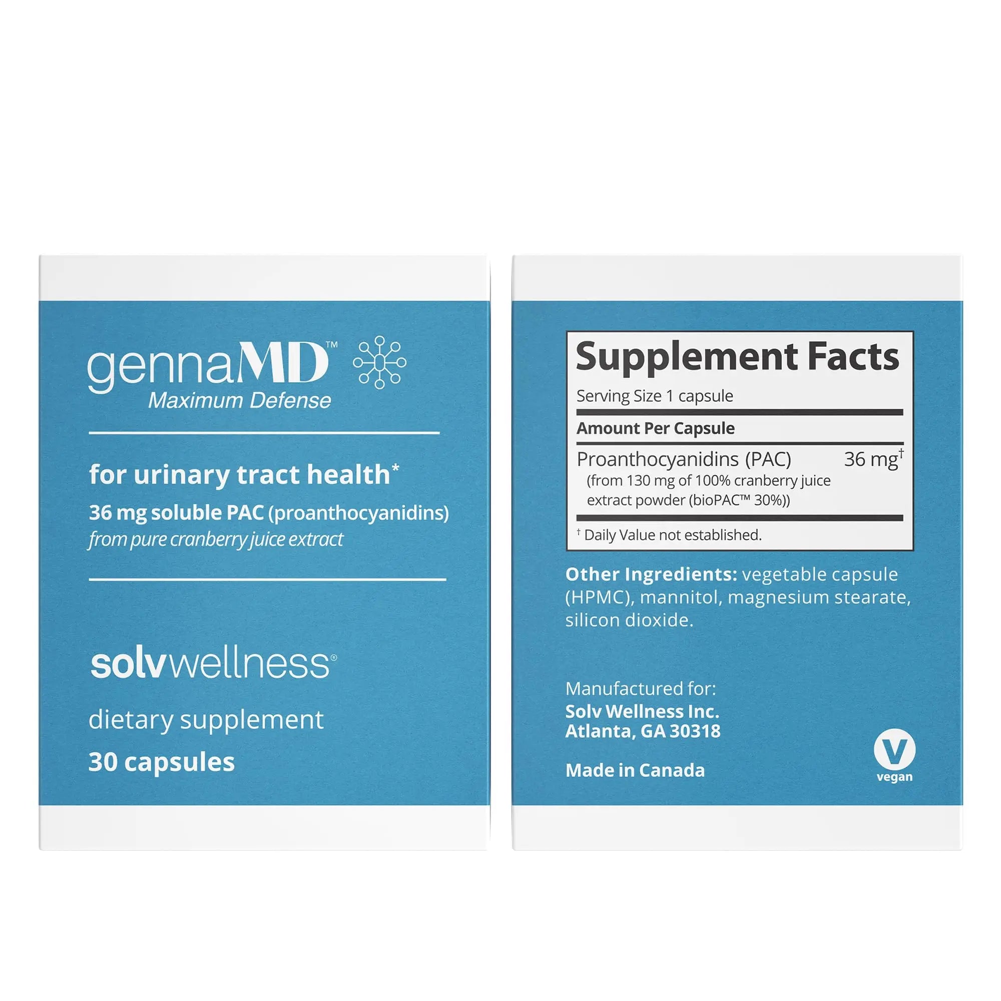 Solv Wellness GennaMD - Maximum UTI Defense - 36 mg Soluble PAC from 100% Cranberry Juice Extract - Highest PAC Concentration in a Small, Easy-to-Swallow Capsule - 30 Capsules Solv Wellness buy supplements canada