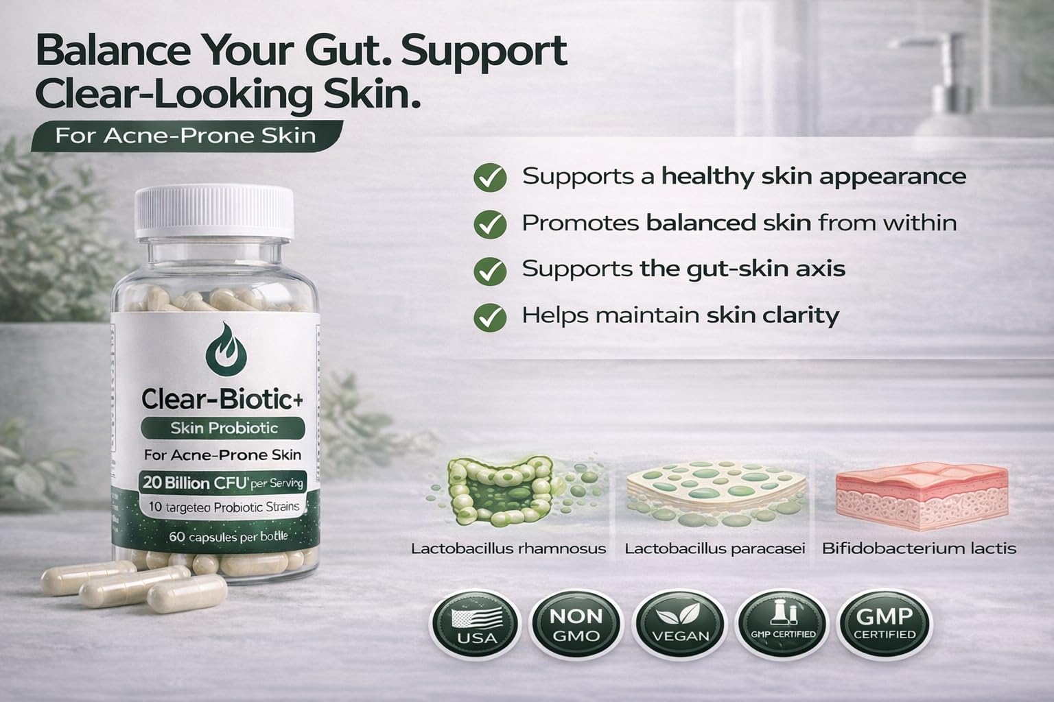Acne Pills Probiotic Acne Supplements for Teens & Adults - Hormonal Acne Vitamins, Gut Health for Clear Skin, Non-GMO (60 Capsules) Gut Skin Axis Clear-Biotic buy supplements canada