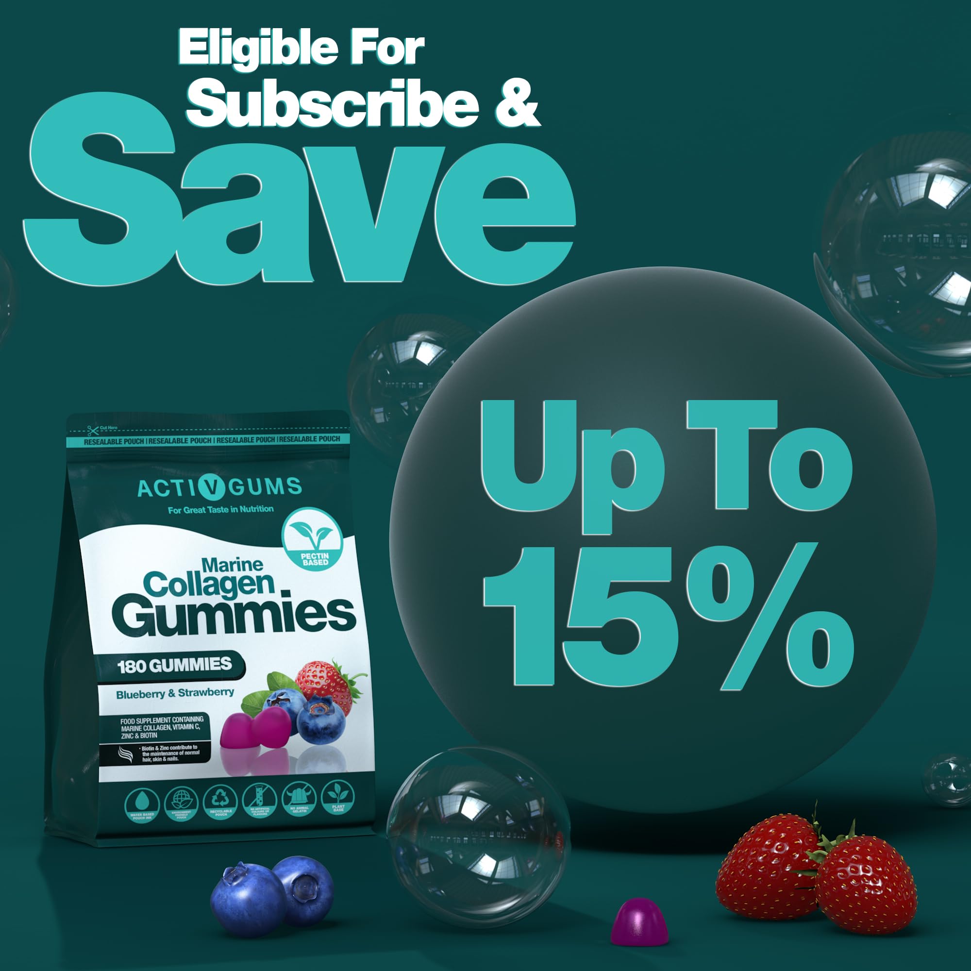 Marine Collagen Complex 180 Gummies. Strawberry & Blueberry Flavour. Resealable & Recyclable Pouch. Contains Marine Collagen, Vitamin C Activ Gums buy supplements canada