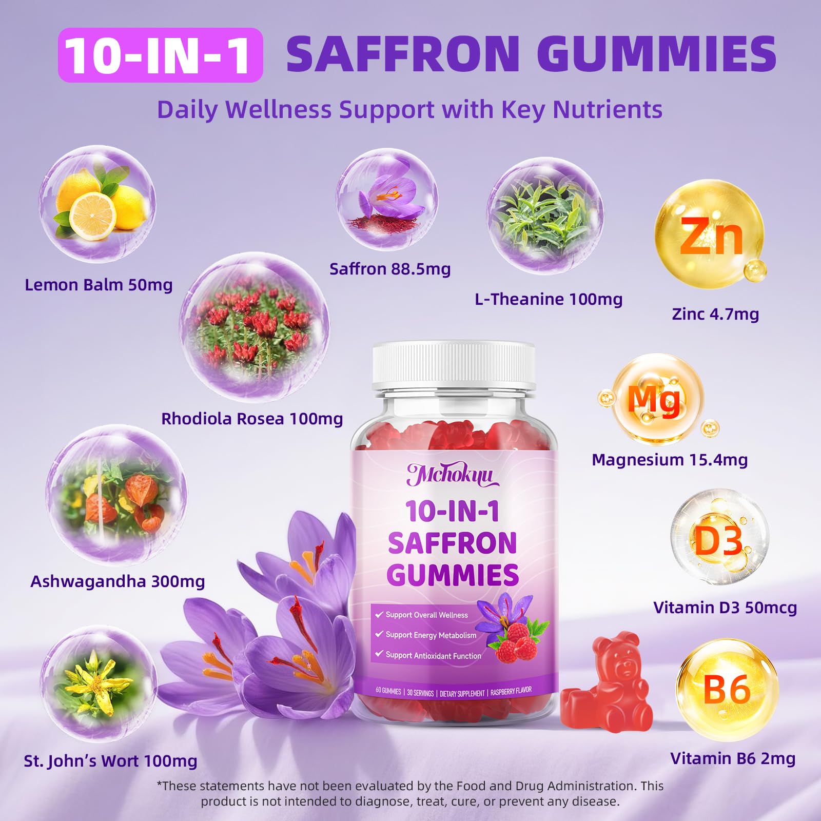 Saffron Supplement Gummies for Kids & Adults Supports Antioxidant Function with Ashwagandha, L-Theanine, Rhodiola Rosea, Lemon Balm, Vitamin D3, B6, Magnesium & Zinc – Raspberry Flavor, 60 Count Mchokuu buy supplements canada