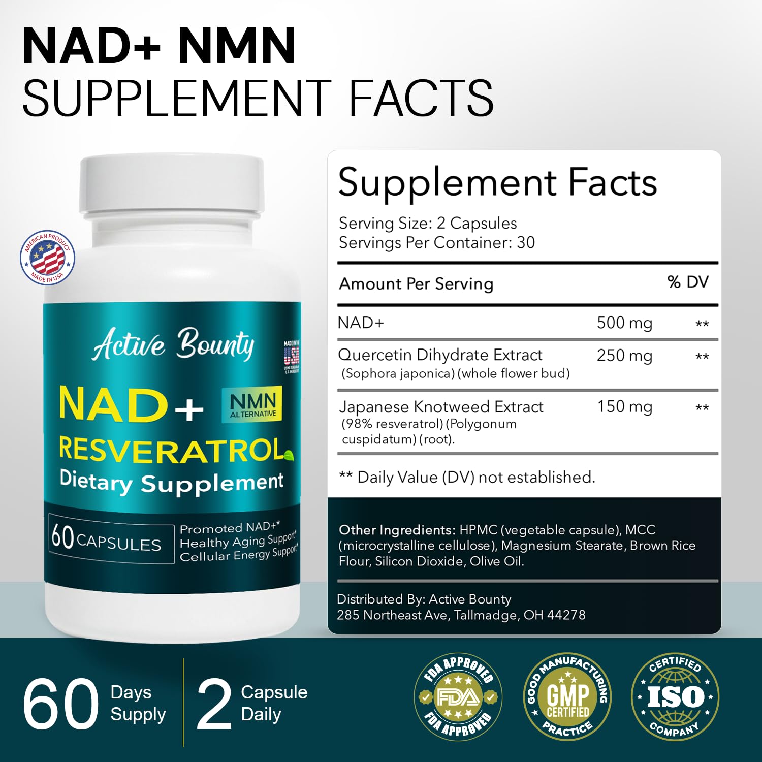 NAD+ Resveratrol Supplement with Quercetin – NMN Alternative for Cellular Energy Support, Focus & Healthy Aging – High Potency 500mg NAD+ Formula, Vegan, Non-GMO, Gluten-Free, Made in USA, 60 Capsules Active Bounty buy supplements canada