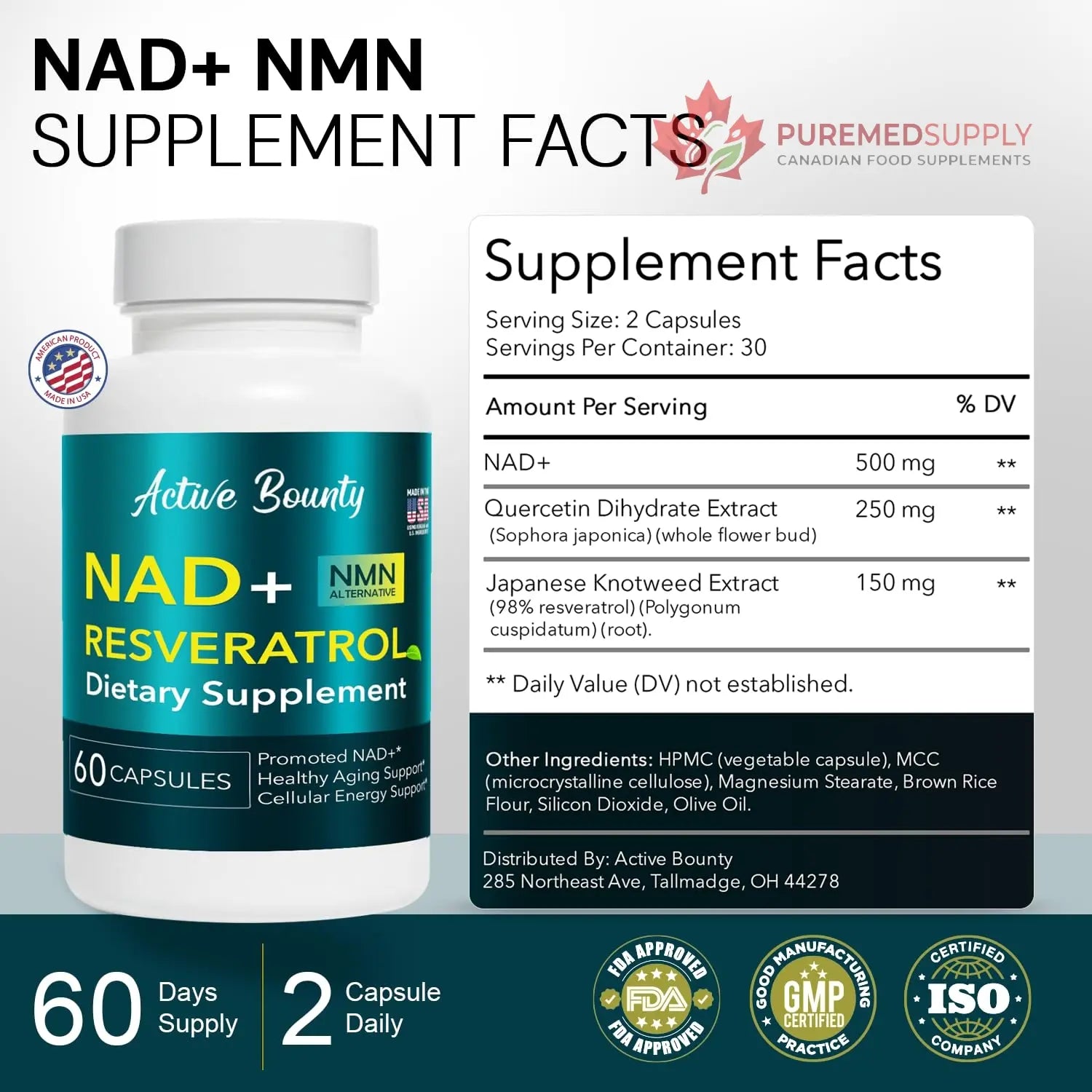 NAD+ Resveratrol Supplement with Quercetin – NMN Alternative for Cellular Energy Support, Focus & Healthy Aging – High Potency 500mg NAD+ Formula, Vegan, Non-GMO, Gluten-Free, Made in USA, 60 Capsules Active Bounty buy supplements canada