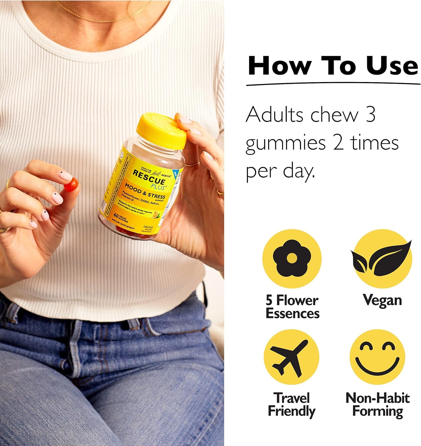 RESCUE Bach Plus Mood & Stress Support Gummies, Daytime Dietary Supplement with Passionflower, GABA, Saffron & Vitamin D, Natural Orange Flavor, Vegan & Gluten-Free, 3 Pack, 180 Count Total RESCUE buy supplements canada