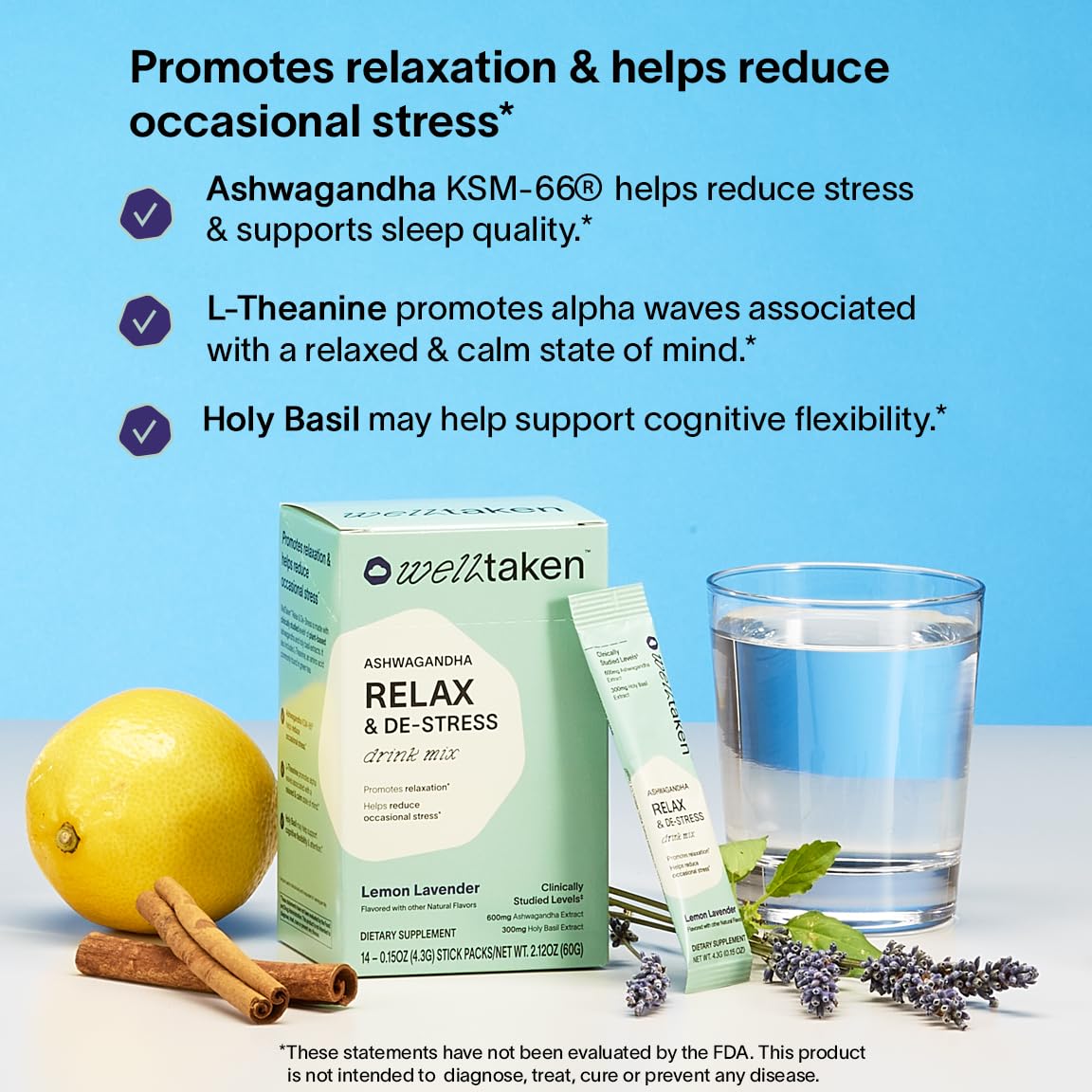 WellTaken Ashwagandha Relax & De-Stress Powder - Lemon Lavender 14ct Box - 600mg Ashwagandha, 200mg L-Theanine, Holy Basil – Supports Stress, Relaxation – Vegan, No Added Sugar - 14 Servings WellTaken buy supplements canada