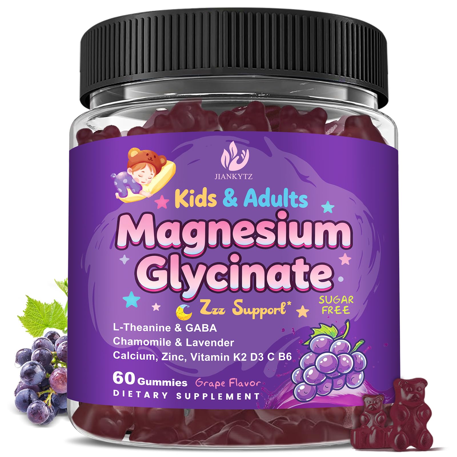 Sugar Free Magnesium Glycinate Gummies for Kids & Adults - Zzz Support, Relaxation & Cognition Support, 200/400mg Magnesium Gummies with L-Theanine, GABA, Calcium, B6, D3, C & K2, Grape Flavor, 60 Ct JIANKYTZ buy supplements canada