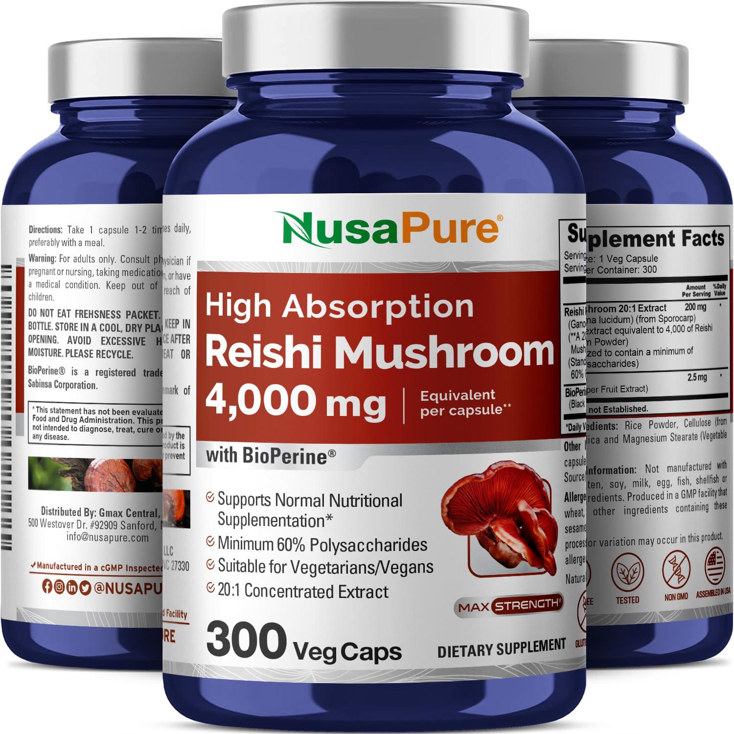 NusaPure Reishi Mushroom Extract 20:1 Extract, 200 mg Equivalent to 4000mg per Capsule 300 Veggie Caps Vegan, Non-GMO, Vegan NusaPure buy supplements canada