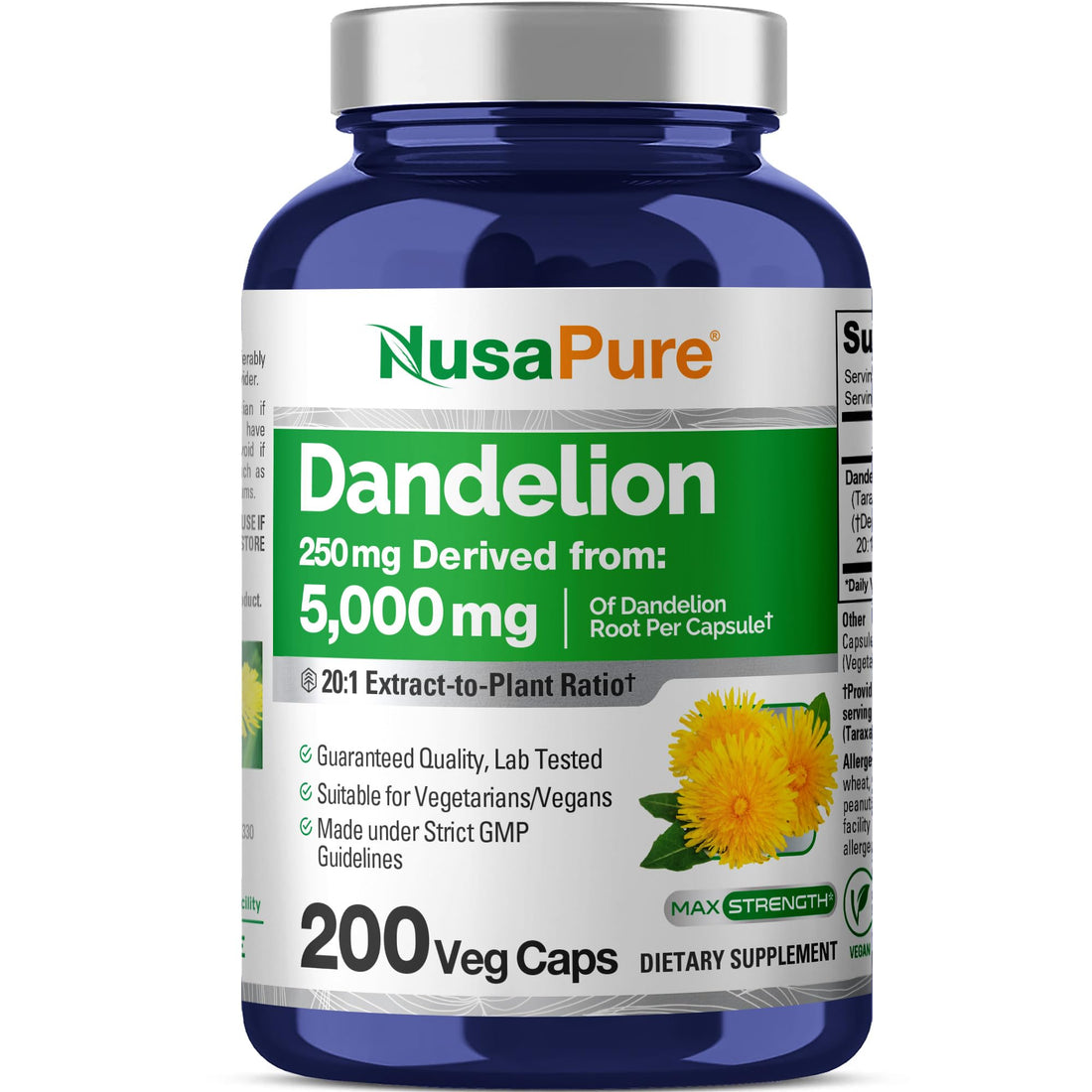 NusaPure Dandelion Root 20:1 Extract, 250 mg Equivalent to 5000mg 200 Veg Capsules (Vegan, Non-GMO) NusaPure buy supplements canada