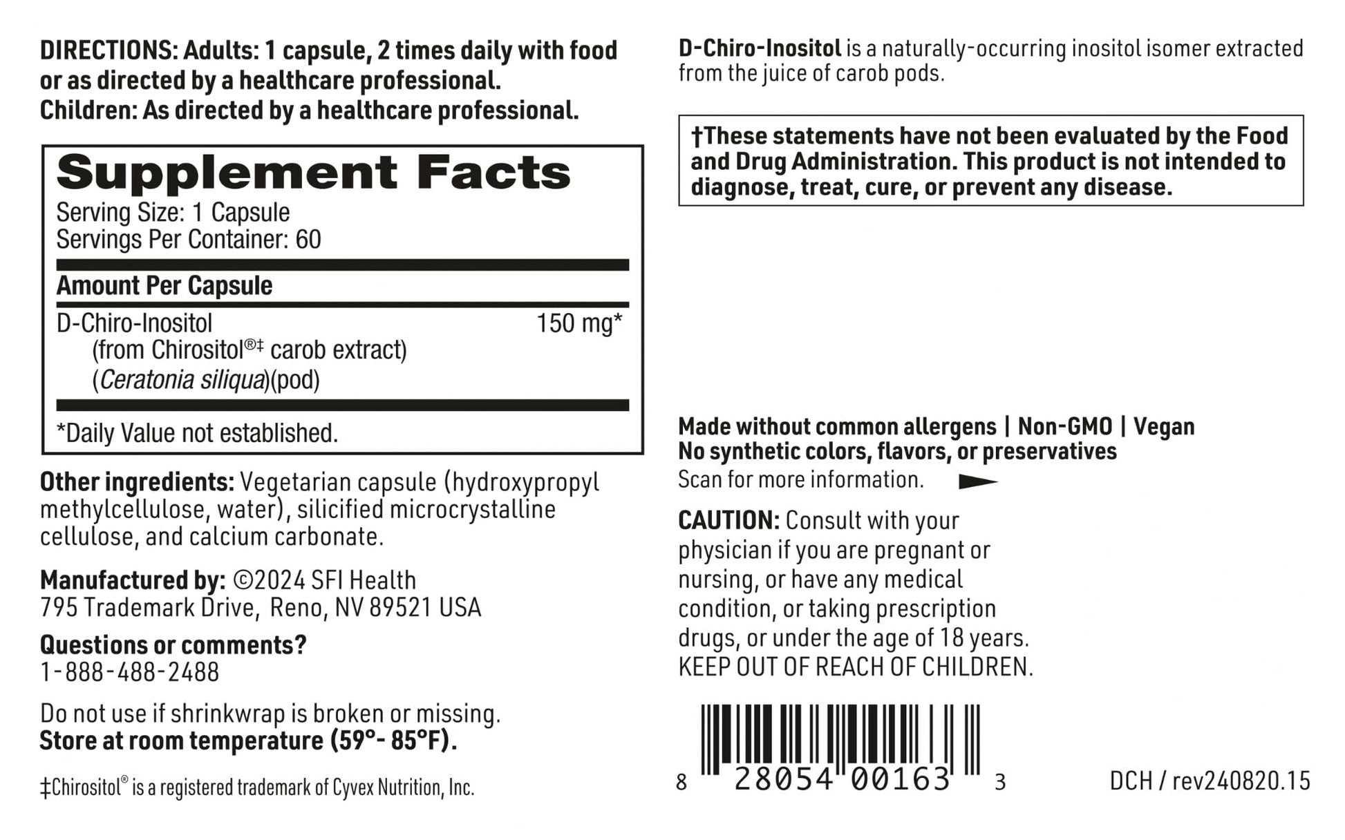SFI Health Klaire Labs D-Chiro-Inositol - 150 Milligrams Hypoallergenic Supplement (60 Capsules) SFI Health buy supplements canada