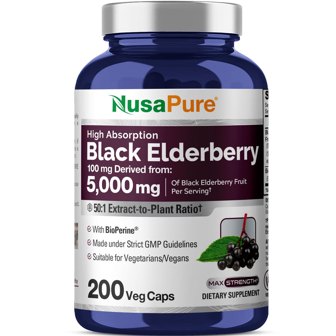 NusaPure Black Elderberry 50:1 Extract, 100 mg Equivalent to 5,000mg per Veggie Capsules, 200 Count (Vegan, Non-GMO, Bioperine) Dietary Supplement NusaPure buy supplements canada