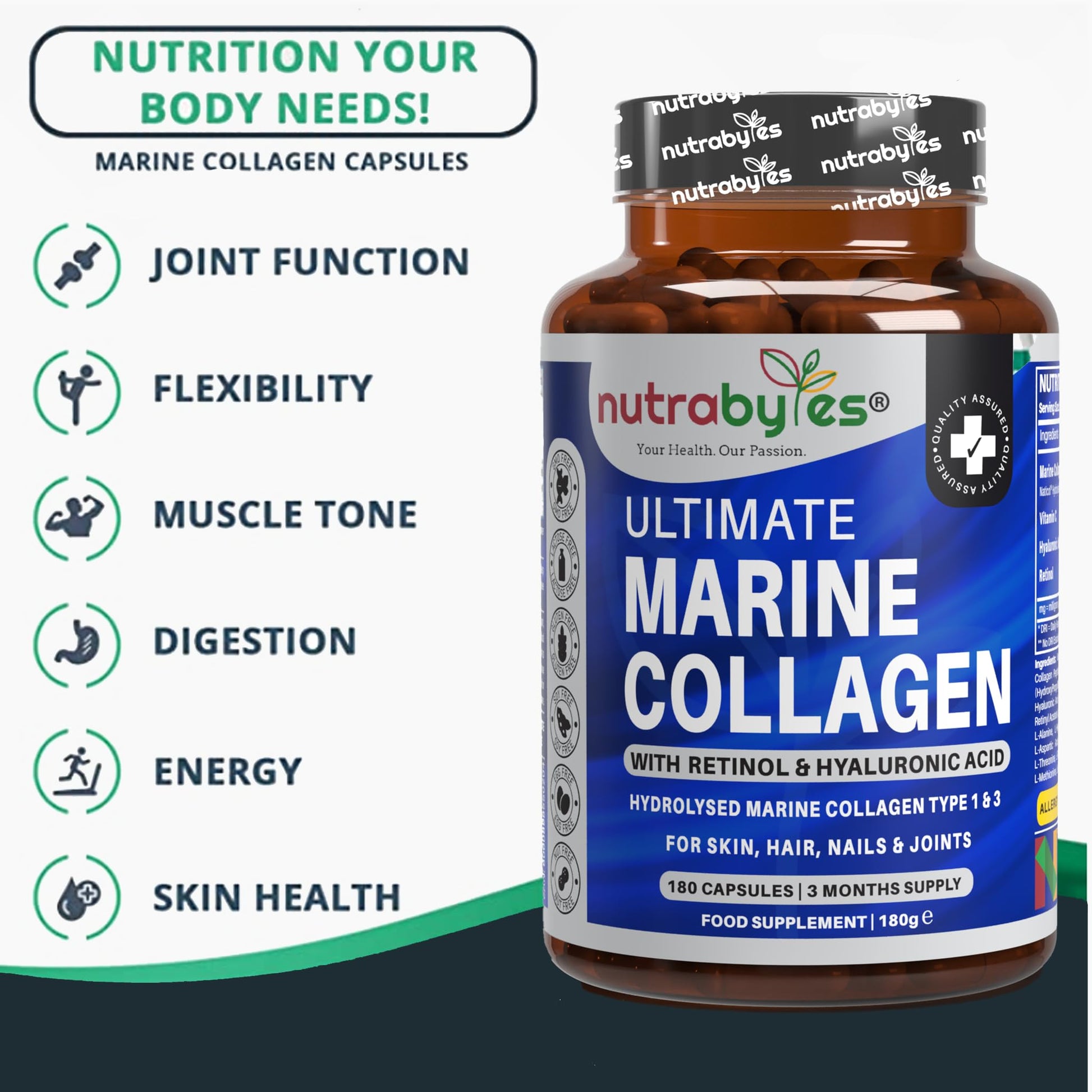 High Strength Marine Collagen with Hyaluronic Acid, Retinol and Vitamin C | 180 Capsules - 3 Months Supply NUTRABYTES buy supplements canada