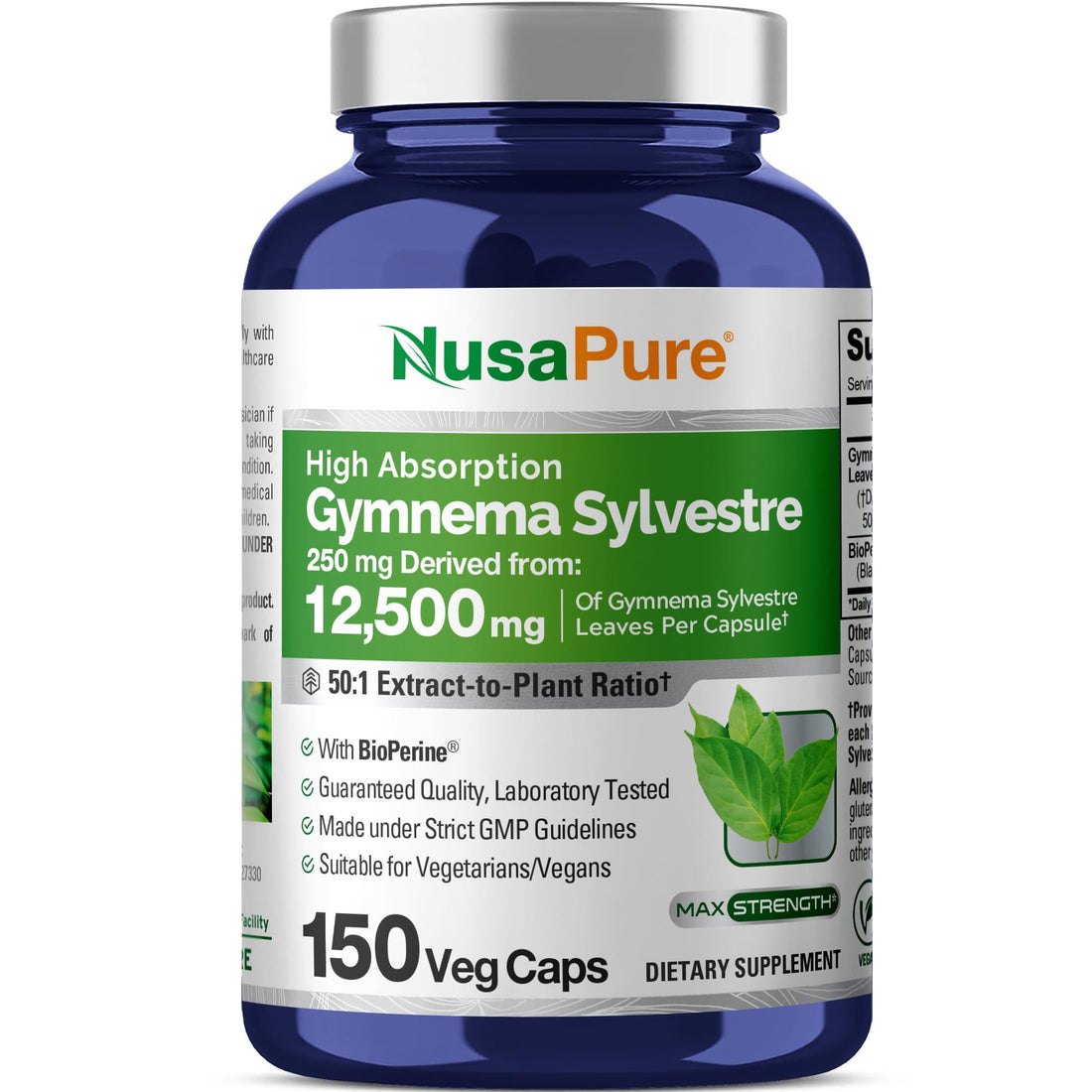 NusaPure Gymnema Sylvestre 50:1 Extract, 250 mg Equivalent to 12,500mg Per Vegan Caps - 150 Count (Non-GMO, Vegan, Bioperine) NusaPure buy supplements canada