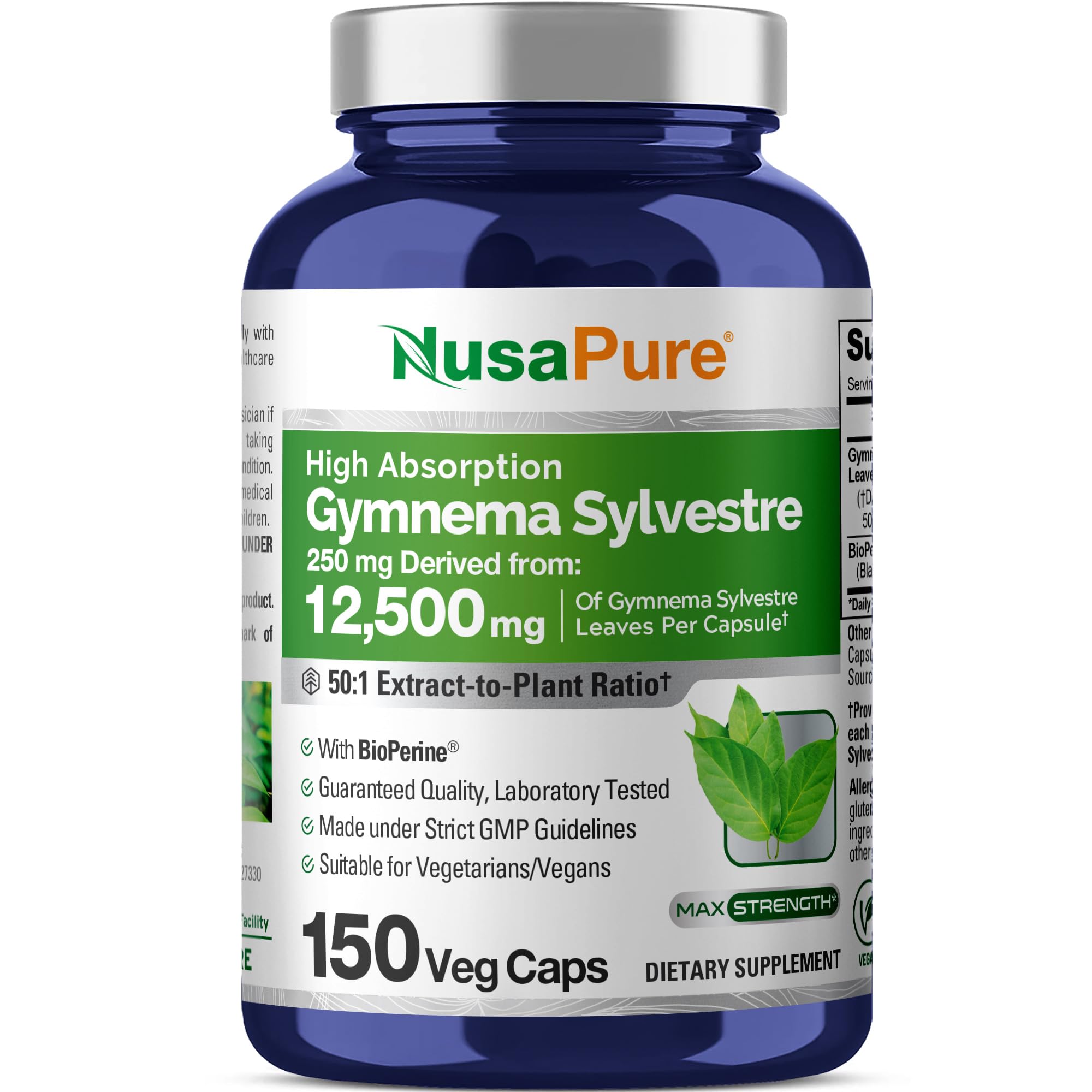 NusaPure Gymnema Sylvestre 50:1 Extract, 250 mg Equivalent to 12,500mg Per Vegan Caps - 150 Count (Non-GMO, Vegan, Bioperine) NusaPure buy supplements canada