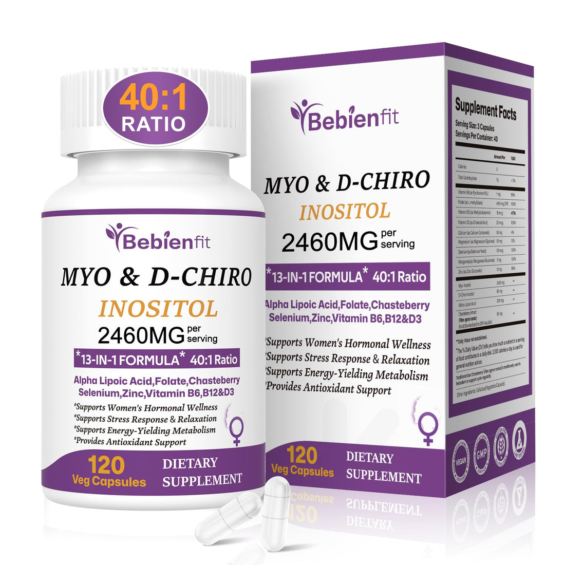 13-in-1 Myo Inositol & D-Chiro Inositol for Women PCOS,Hormonal Balance,2460mg-40:1 Ratio,Ovarian Health&Cycle Support Supplement Plus Alpha Lipoic Acid/Folate/Vitex/Magnesium/Multivitamin,120 Veg Cap Bebien fit buy supplements canada