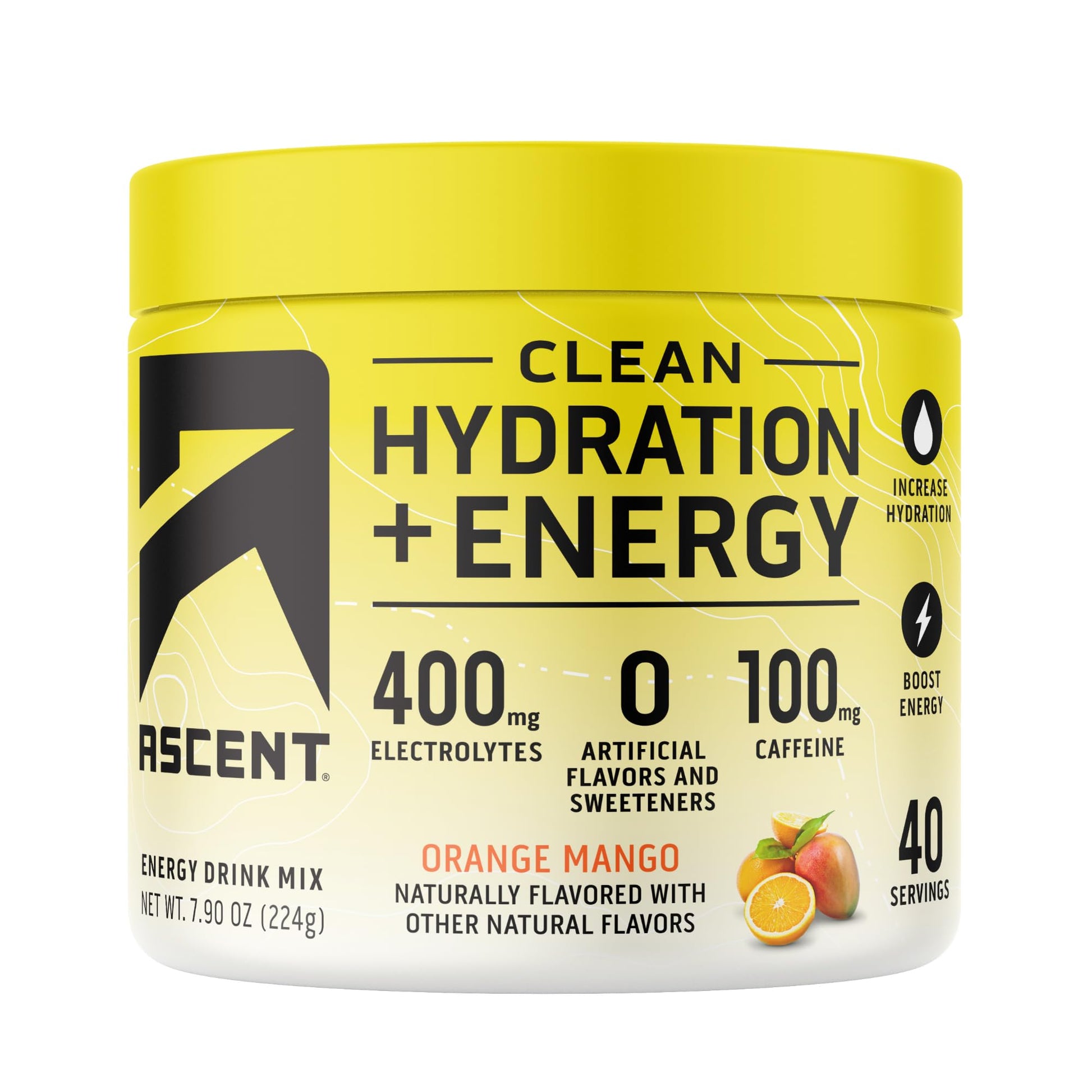 Ascent Clean Hydration + Energy Electrolytes Powder - 100mg Caffeine, 400mg Electrolytes, No Artificial Ingredients, Orange Mango 40 Servings Ascent buy supplements canada