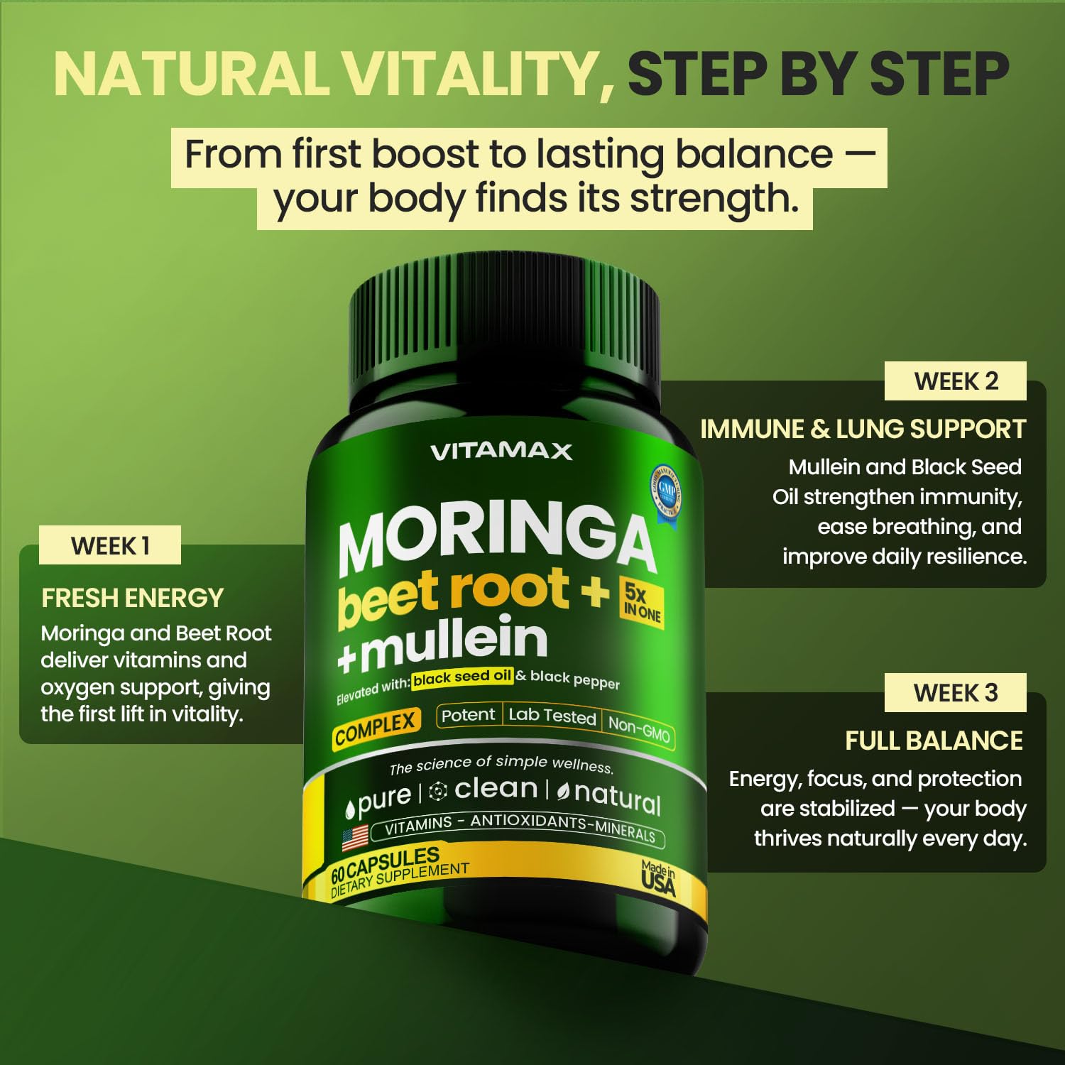 Moringa Capsules, Beet Root, Mullein Leaf - Energy, Skin, Immune Supplement Superfood, Rich in Antioxidants, Minerals & Essential Vitamins - High Absorption Non-GMO - Made in USA - 60ct Vitamax buy supplements canada
