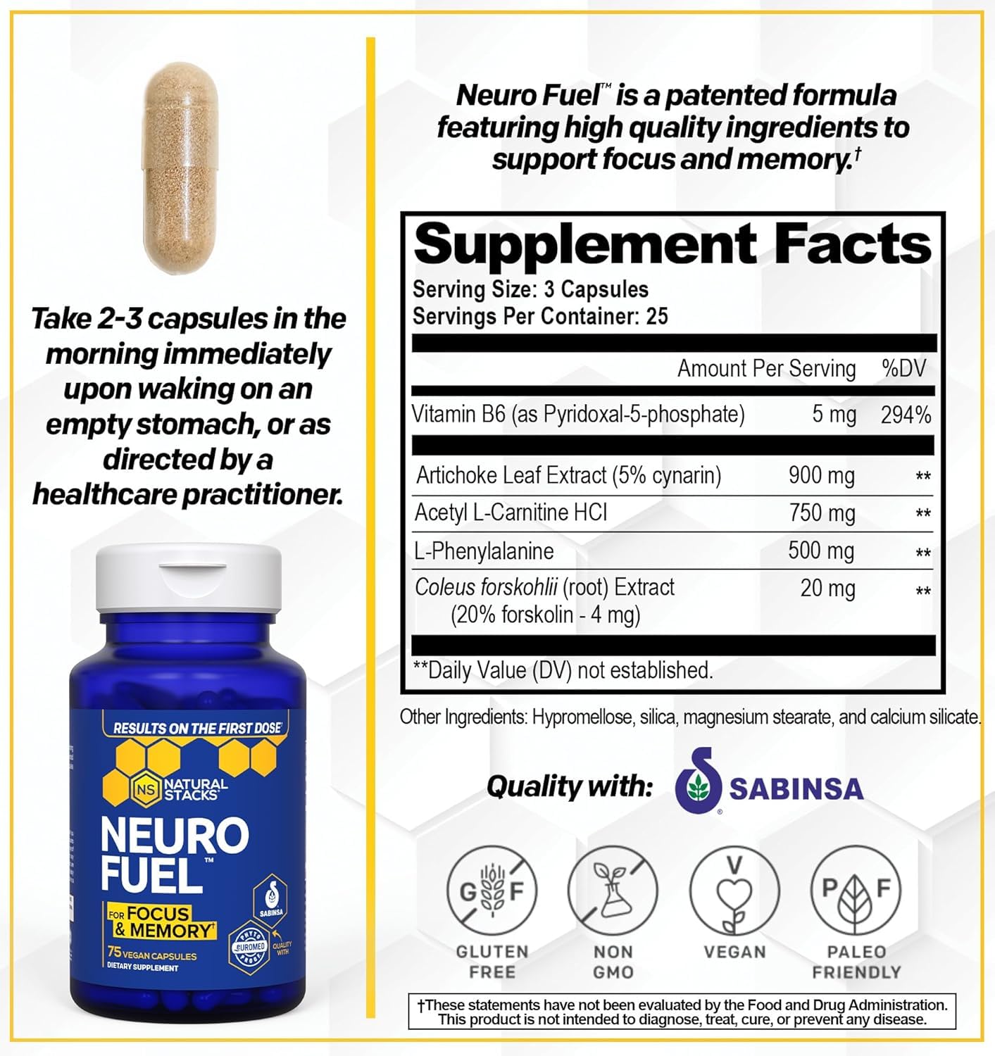 NATURAL STACKS Original NeuroFuel Nootropic Brain Support Supplement - 750mg L-Carnitine & 500mg L-Phenylalanine - Brain Supplement for Memory and Focus* - 75 Focus Pills NATURAL STACKS buy supplements canada