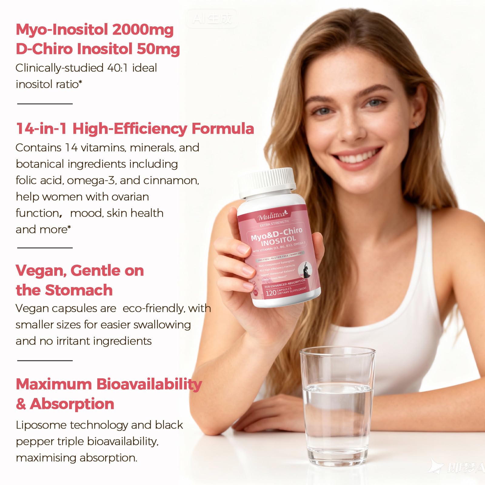 Mulittea Myo-Inositol & D-Chiro Supplement for Women - 14-in-1 Liposomal Inositol with Folic Acid,Omega-3 & Multivitamin for Hormone Balance,Support Ovarian,Skin & Mood- 40:1 Vegan 120 Capsules Mulittea buy supplements canada