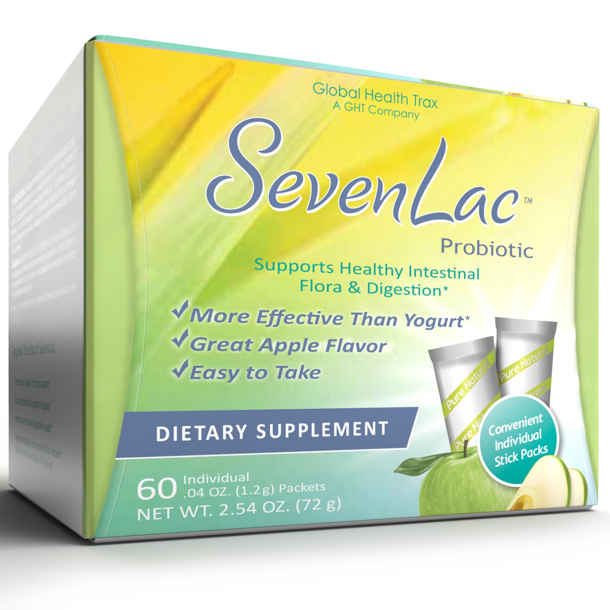 Global Health Trax SevenLac Apple Probiotic Powder Drink Mix, Probiotics for Women, Men, and Kids – Smooth Digestive Support - Relieves Constipation and Gas – 60 Packets, 2.54 Oz, Non-GMO, Gluten-Free ght Global Health Trax buy supplements canada