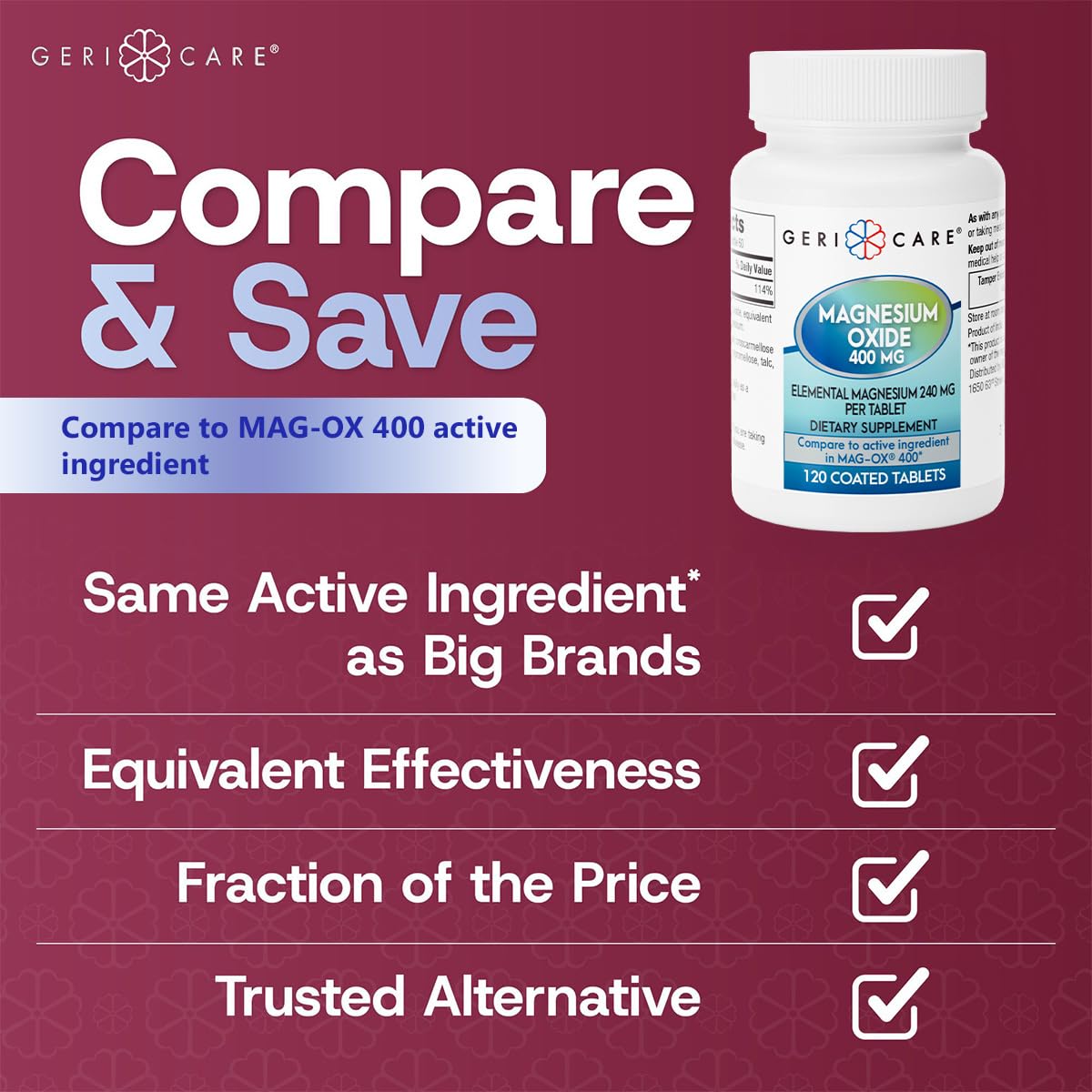 GeriCare Magnesium Oxide Supplement 240 mg of Elemental Magnesium, 120 Tablets, Essential Mineral Support, Promotes Vascular Health, Bone Strength, and Muscle Function (Pack of 1) GeriCare buy supplements canada