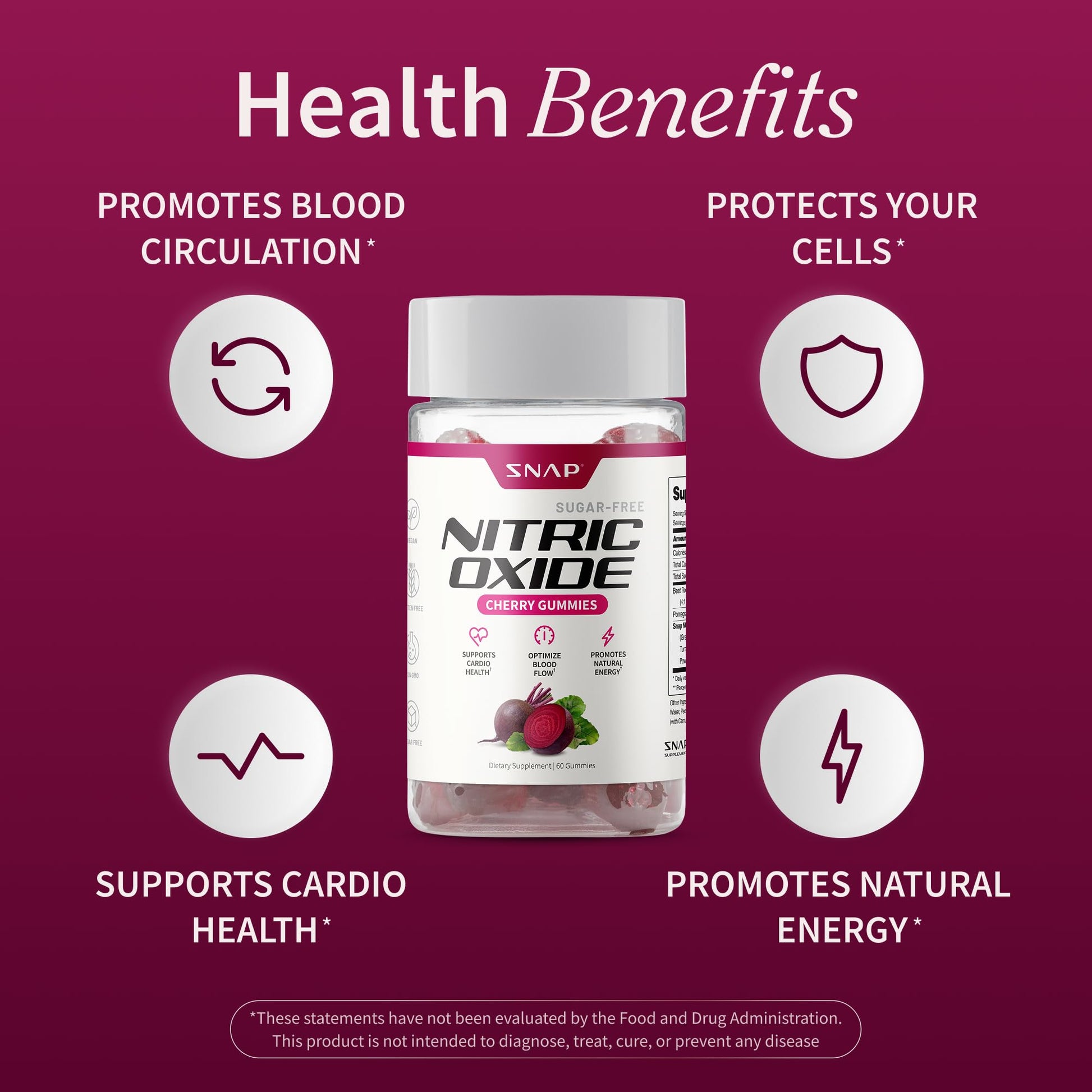 Snap Supplements Nitric Oxide Gummies - Beet Root Extract 300mg, Sugar Free Beetroot Supplement with Pomegranate Powder for Circulation & Natural Energy, 60 Vegan Gummies, Cherry Flavor Snap Supplements buy supplements canada