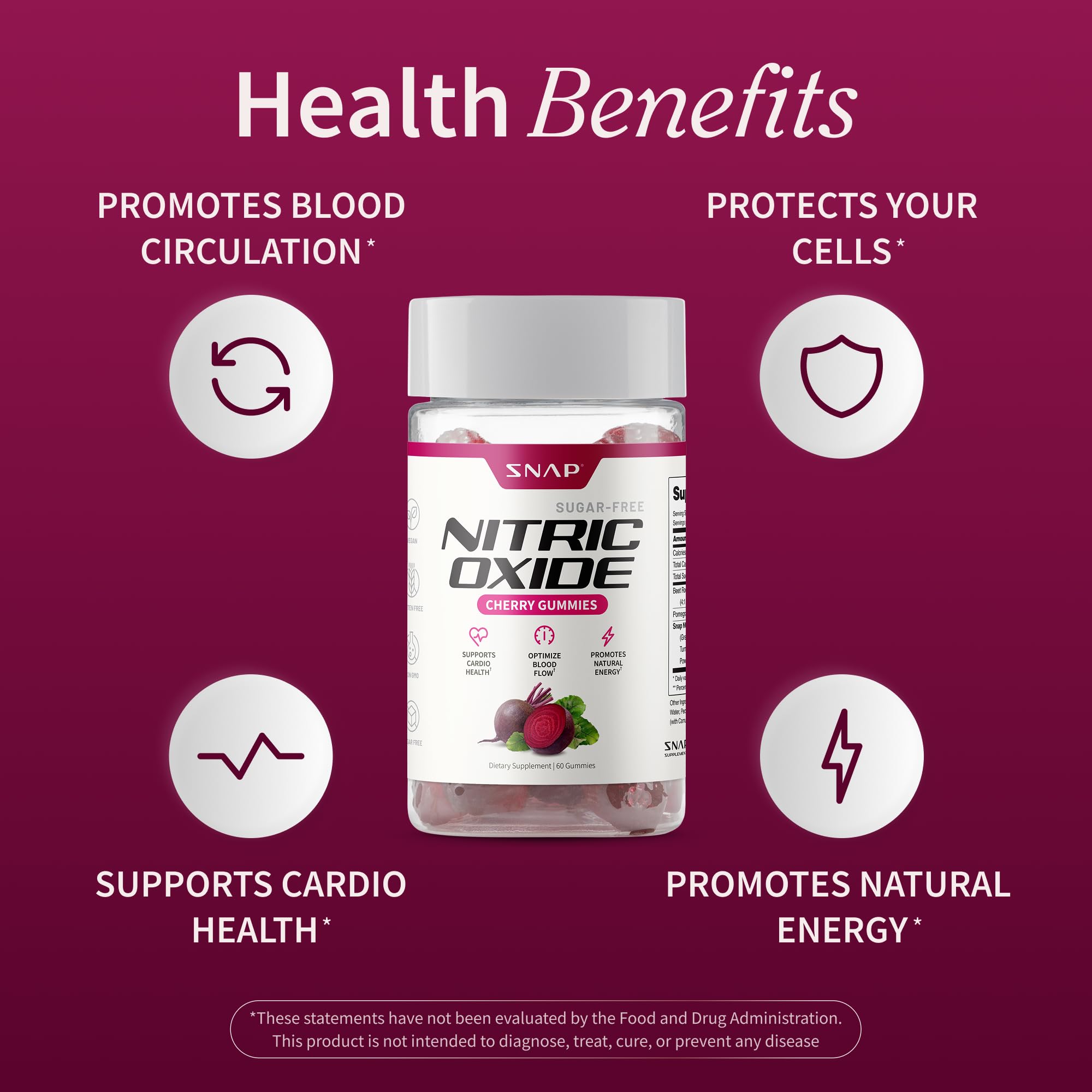 Snap Supplements Nitric Oxide Gummies - Beet Root Extract 300mg, Sugar Free Beetroot Supplement with Pomegranate Powder for Circulation & Natural Energy, 60 Vegan Gummies, Cherry Flavor Snap Supplements buy supplements canada