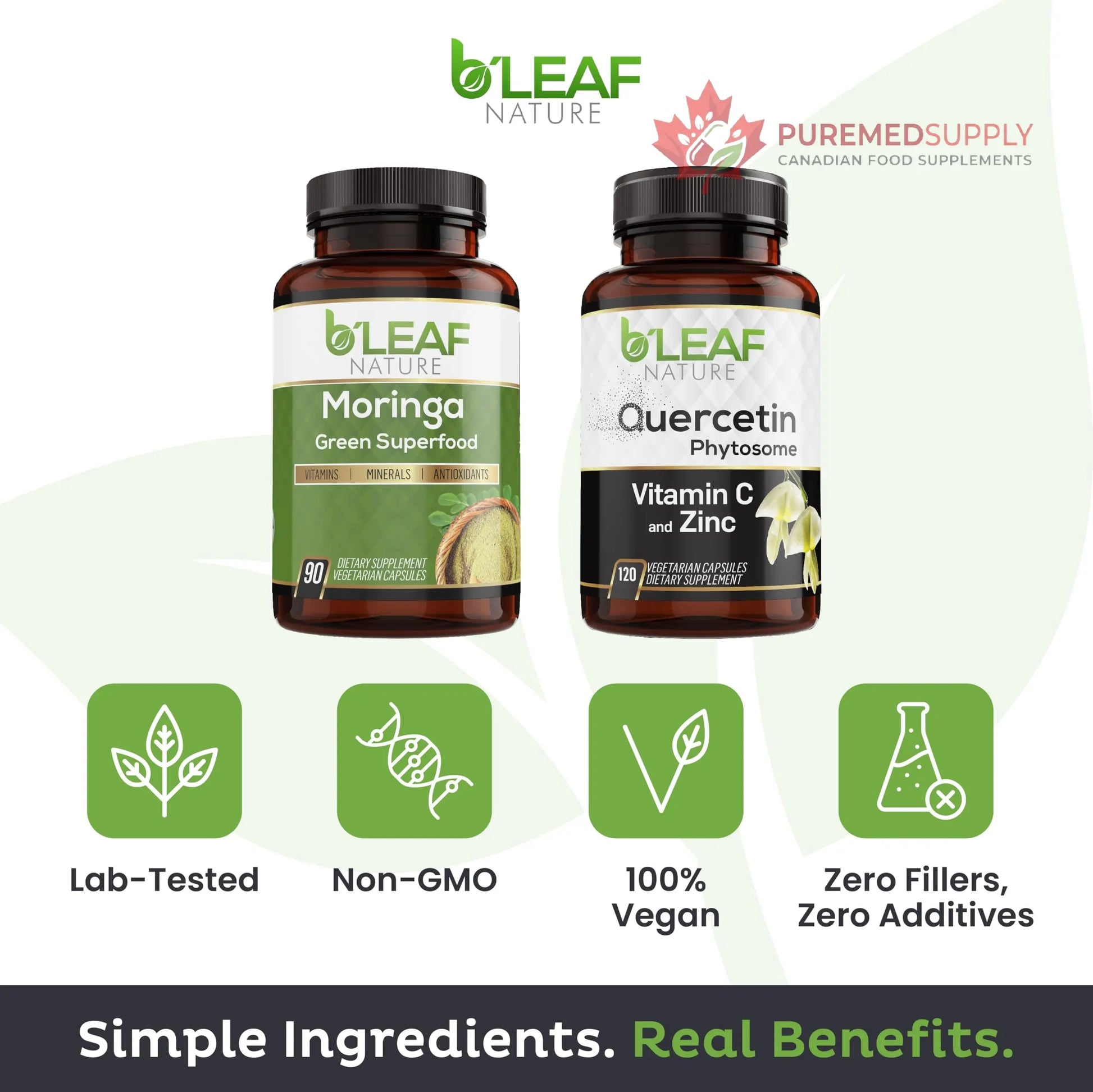 B'LEAF NATURE Moringa and Quercetin Bundle - Non-GMO, Vegan, High Absorption Capsules - 1000mg Quercetin Phytosome Blend + 1000mg Moringa - Natural Energy, Wellness and Immune Support Supplements B'LEAF NATURE buy supplements canada