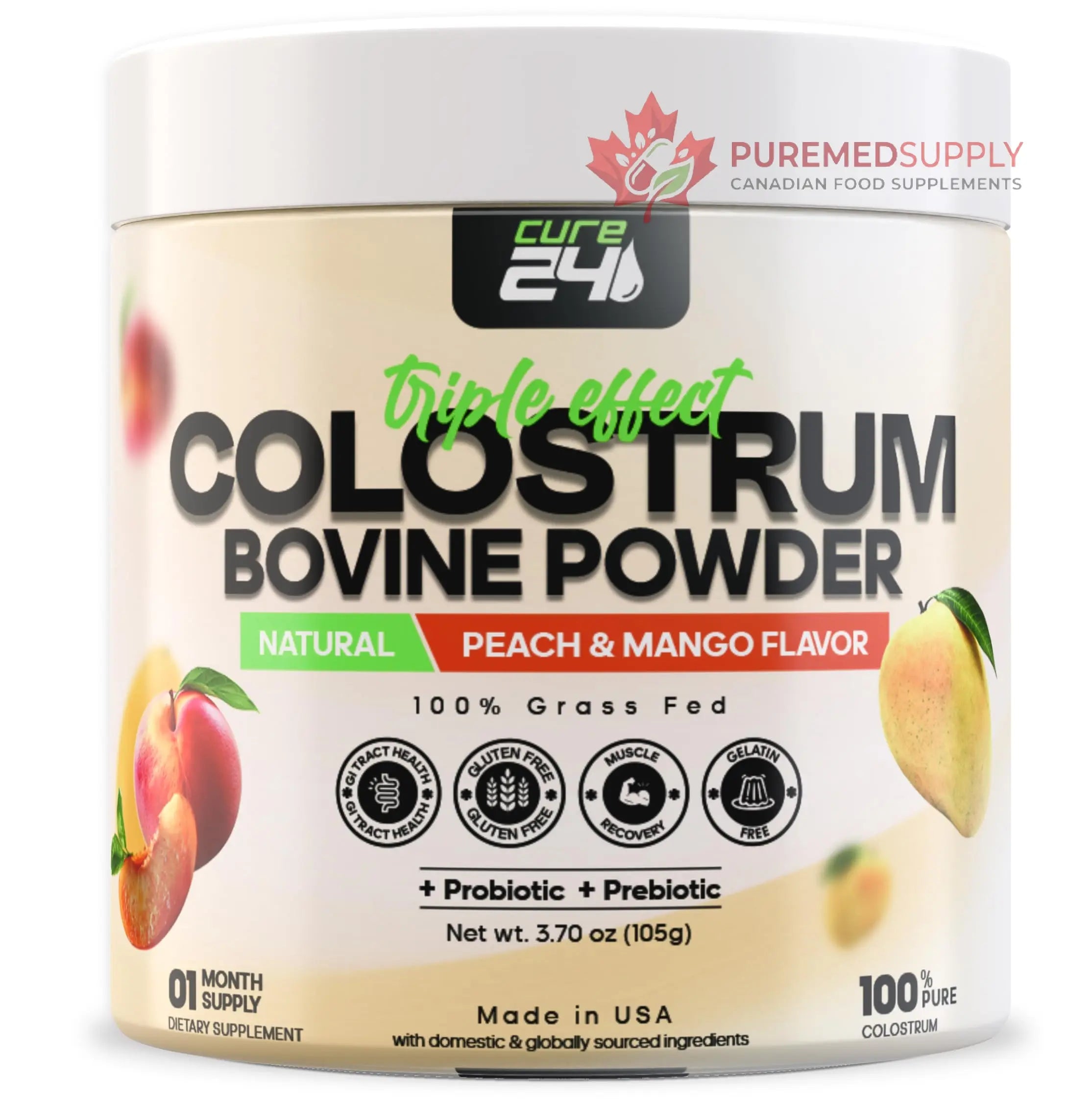 Cure24 Bovine X3 Colostrum Supplement Powder for Humans, 100% Pure Whole Natural Grass Fed Superfood, High IgG, Plus Probiotic & Prebiotic, Natural Peach-Mango Flavor, Made in USA Cure24 buy supplements canada