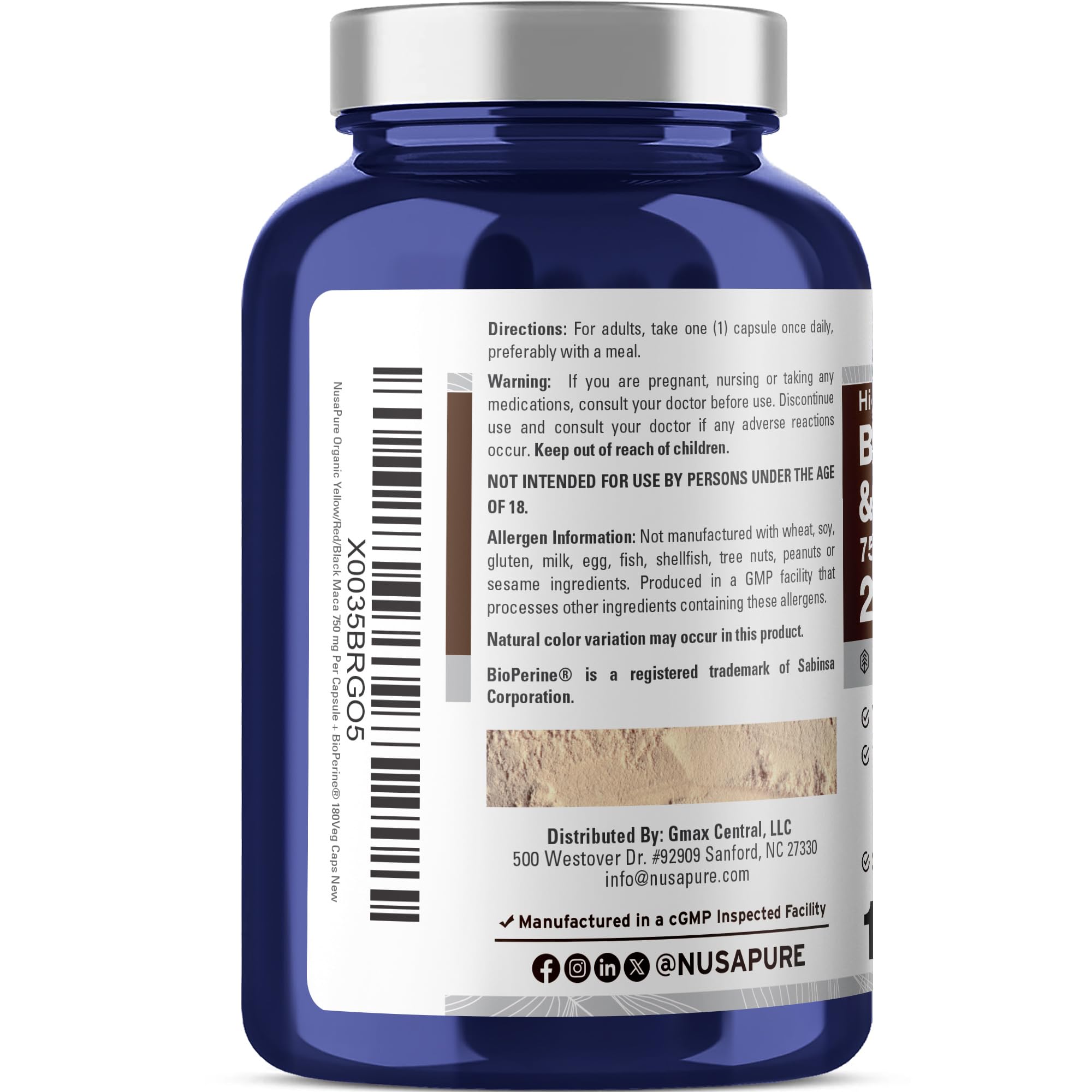 NusaPure Maca Root Black, Red, Yellow 20,000mg - 180 Vegan Capsules (Vegan,Non-GMO, Gluten Free) Bioperine NusaPure buy supplements canada